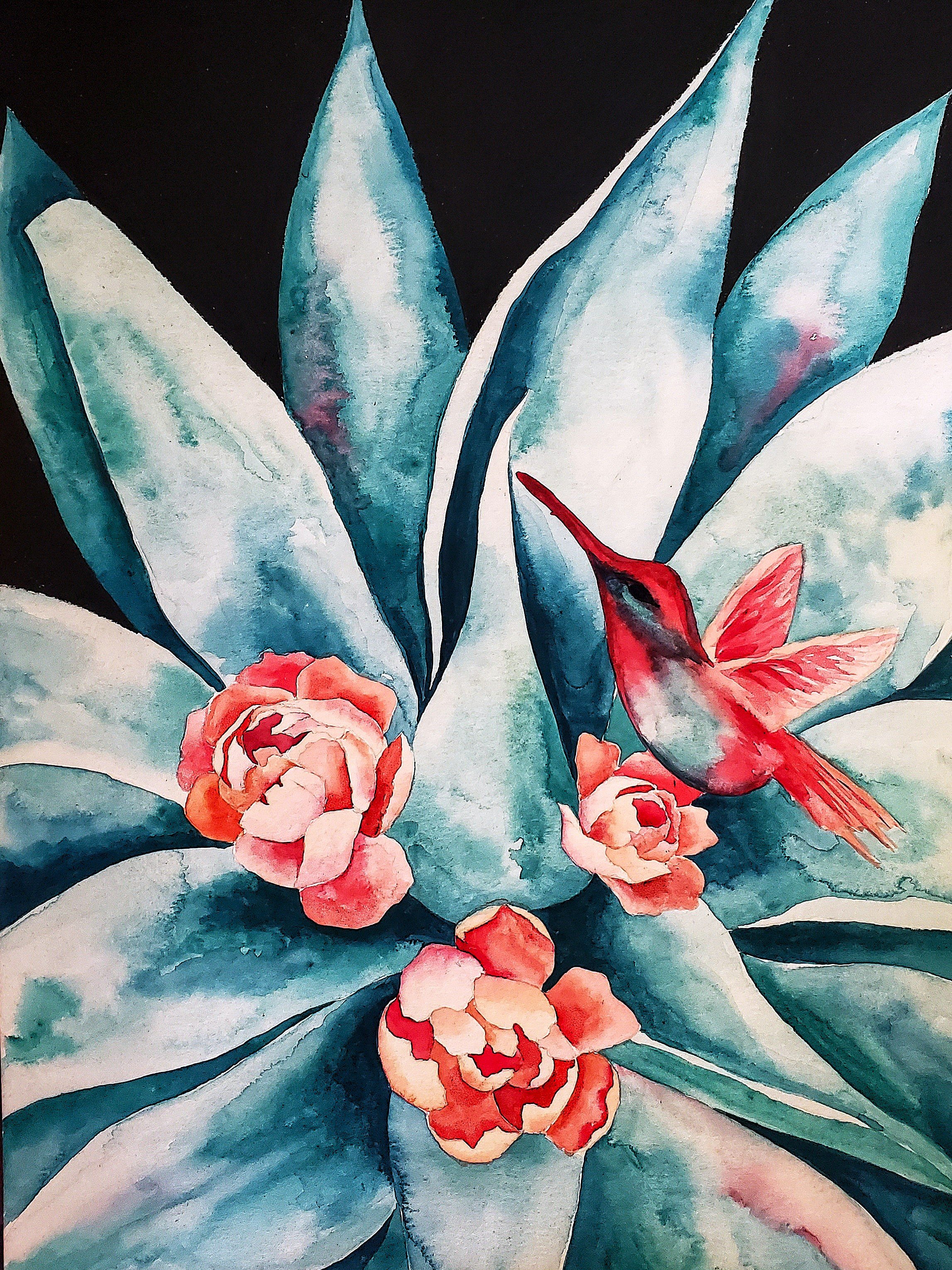 Agave with Peonies and Hummingbird.jpg