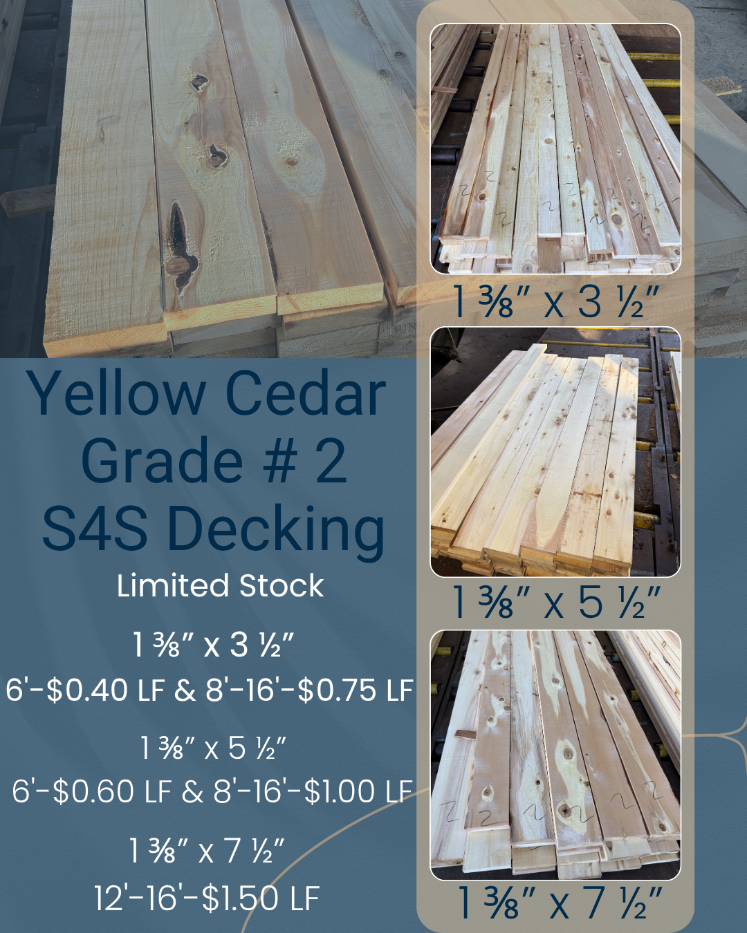 Label for yellow cedar grade #2 decking with three images of different sizes of wooden planks and specifications including dimensions and prices
