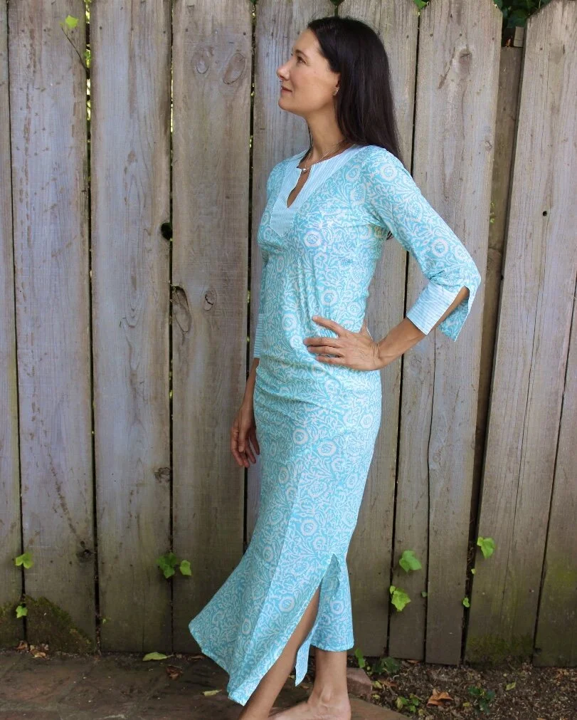 fitted kaftan dress Bamboo Modal Silk Fitted Kaftan Dress with Rouching Detail- Colour blocked Kaftan  Dress – The Fairnest main image 1