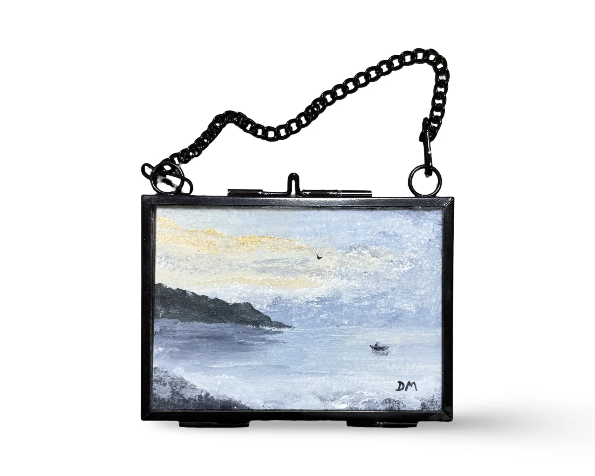 Miniature original seascape painting with a person in a boat, in a glass and metal frame