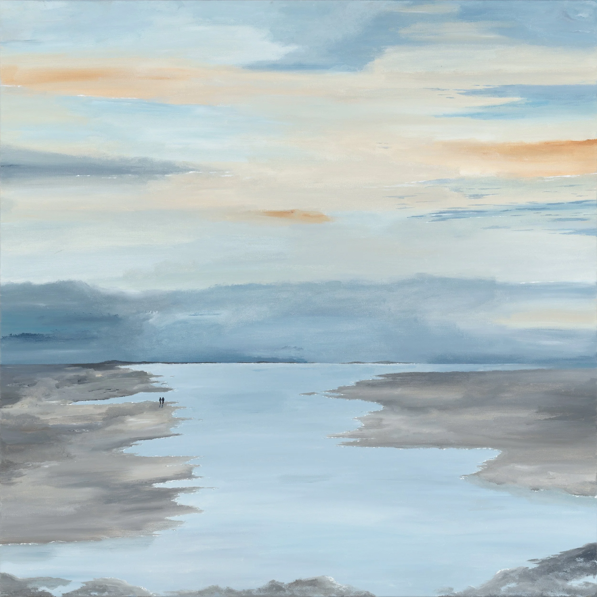 A landscape painting of a calm river or lake with two small figures walking along the shore, under a sky with soft clouds and pastel colors, possibly at sunset or sunrise.