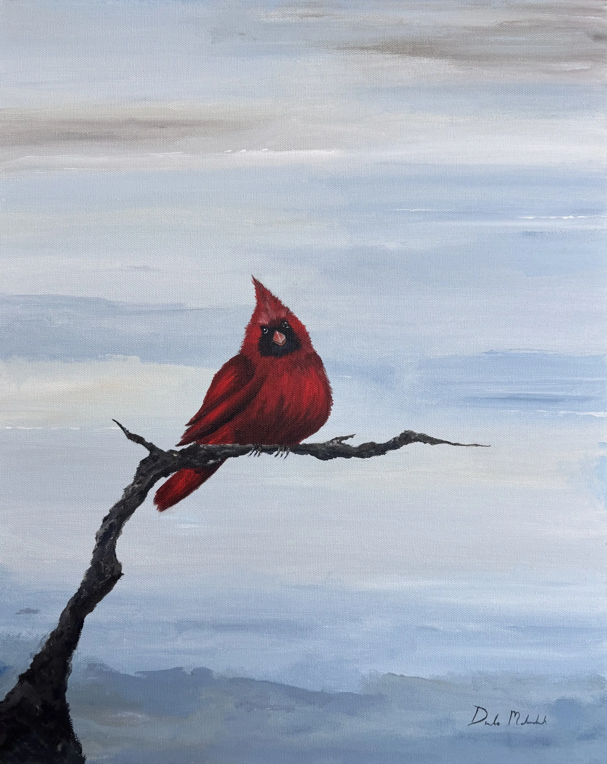 Painting of a red cardinal bird perched on a barren branch against a cloudy sky
