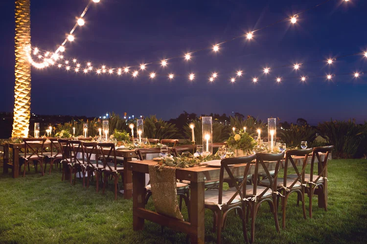Market lights over a wedding reception