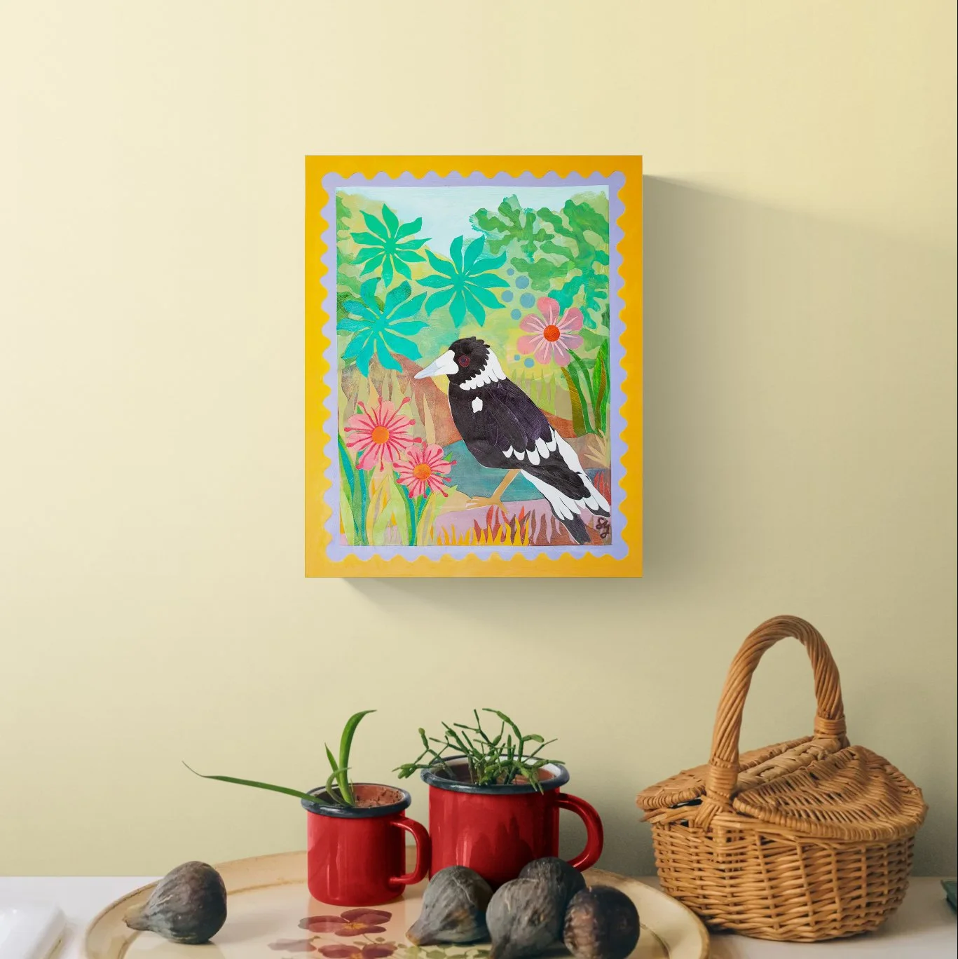 Oh Hello There magpie original artwork displayed above a farmhouse kitchen bench