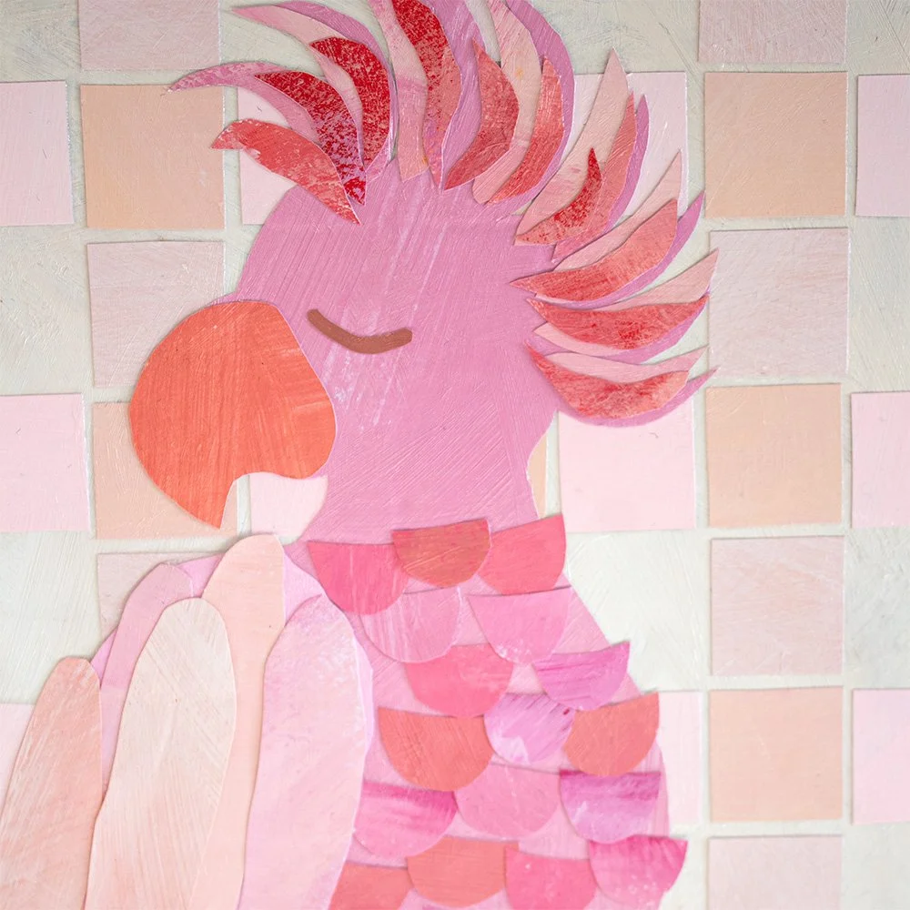 Detail of hand-painted pink cockatoo feathers and checkerboard collage texture