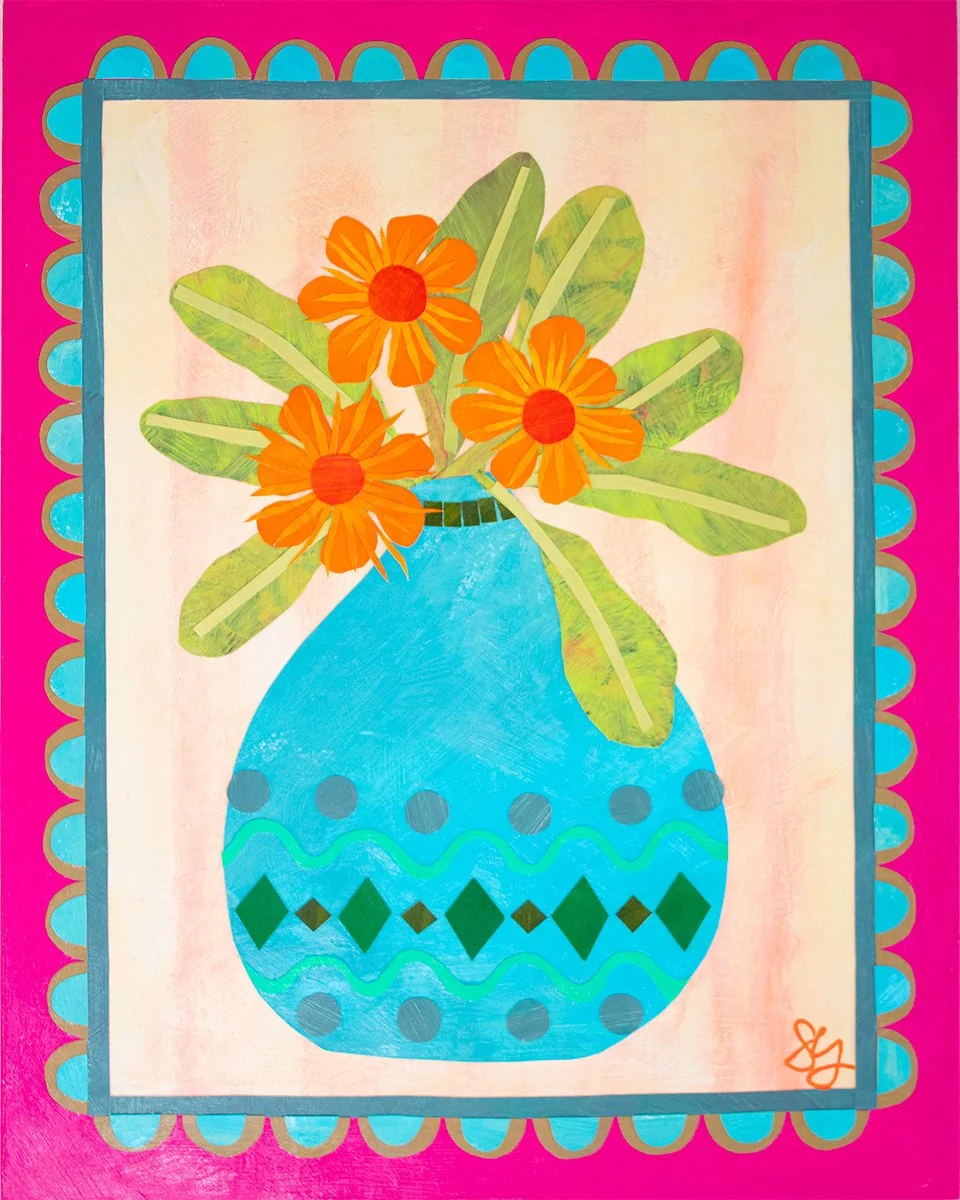 Here for the Fun colourful floral collage with turquoise vase and hot pink border
