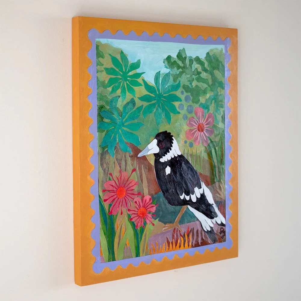 Varnished painted plywood edge on Oh Hello There original magpie artwork