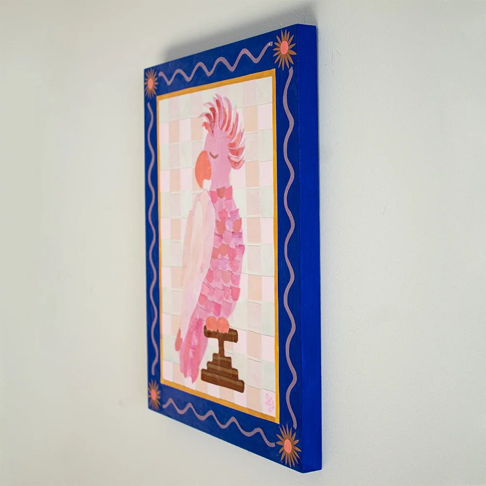 Varnished painted plywood edge on Pausing for a Moment original artwork