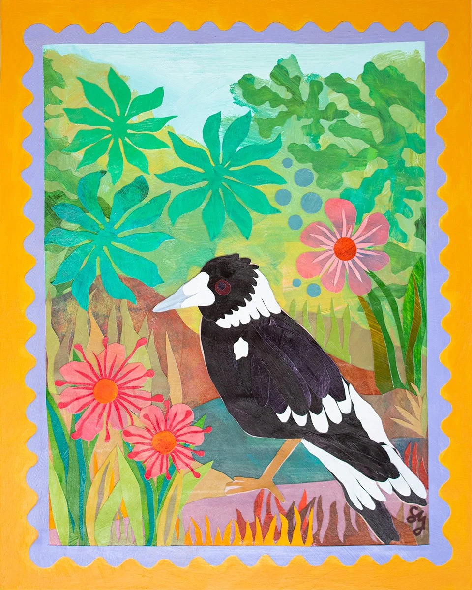 Oh Hello There colourful magpie in a whimsical garden original collage artwork by Sandra Gale