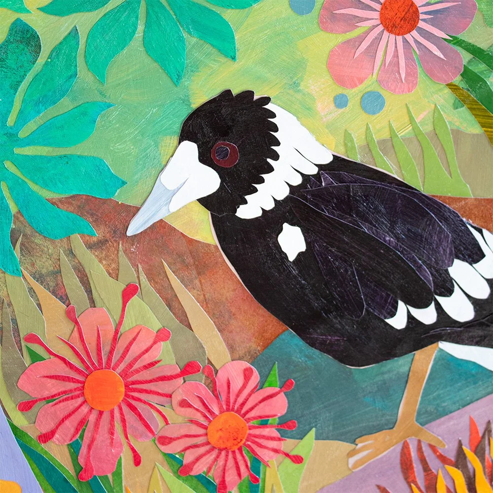 Detail of hand-painted magpie feathers, green foliage and pink flowers in collage