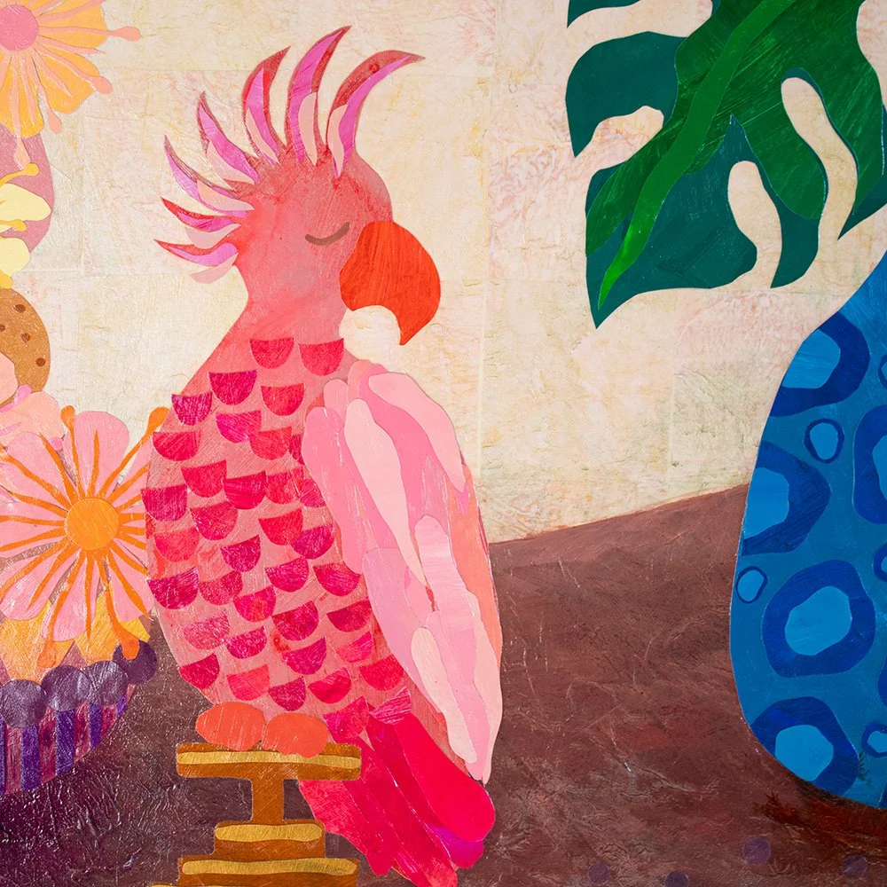 Detail of hand-painted paper and pink cockatoo in Little Treasures