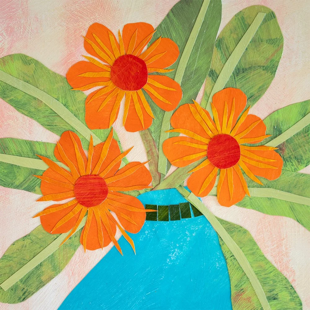 Detail of hand-painted paper flowers and patterned turquoise vase in Here for the Fun