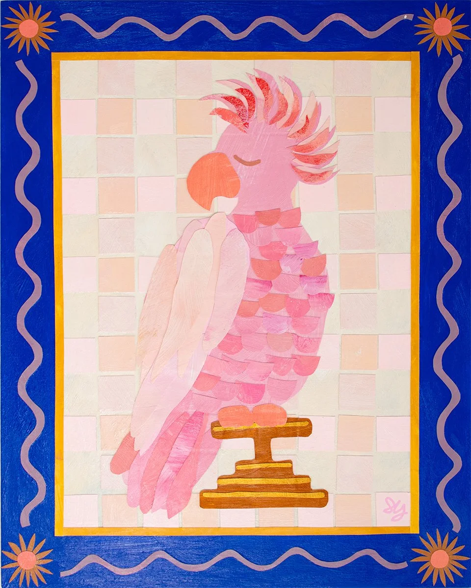 Pausing for a Moment pink cockatoo original collage artwork by Sandra Gale