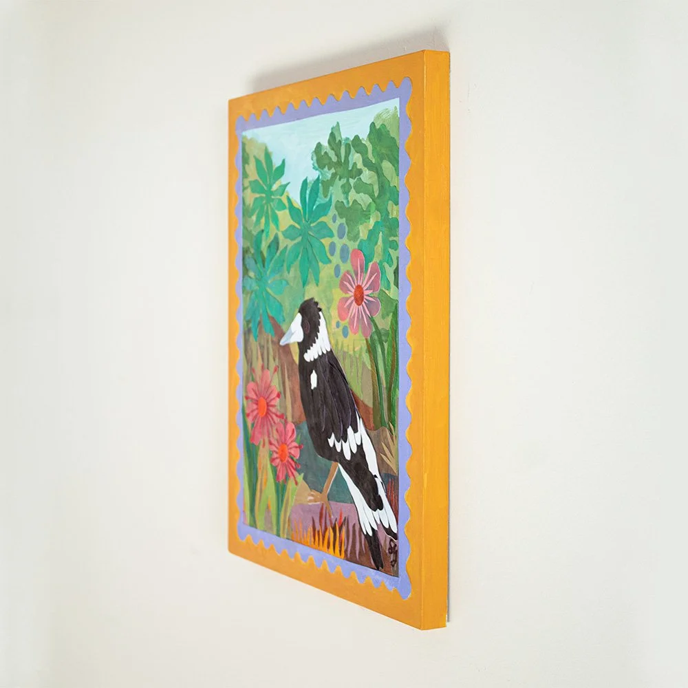 Angled view showing the depth of Oh Hello There magpie collage artwork