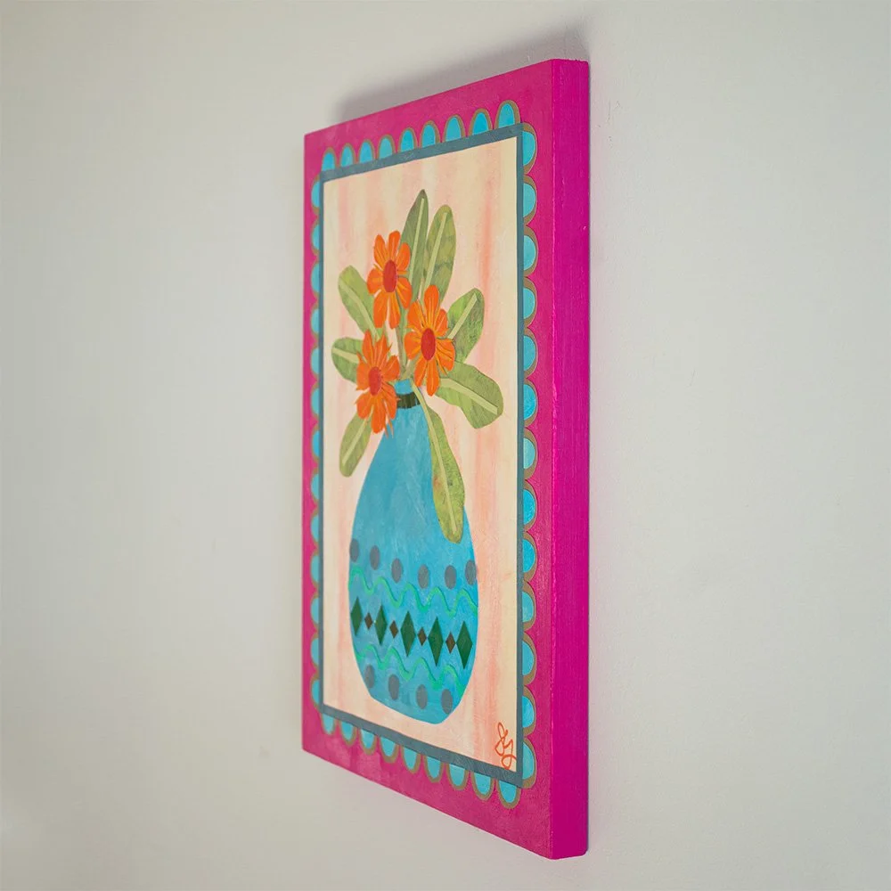 Varnished painted plywood hot pink edge on Here for the Fun original collage artwork