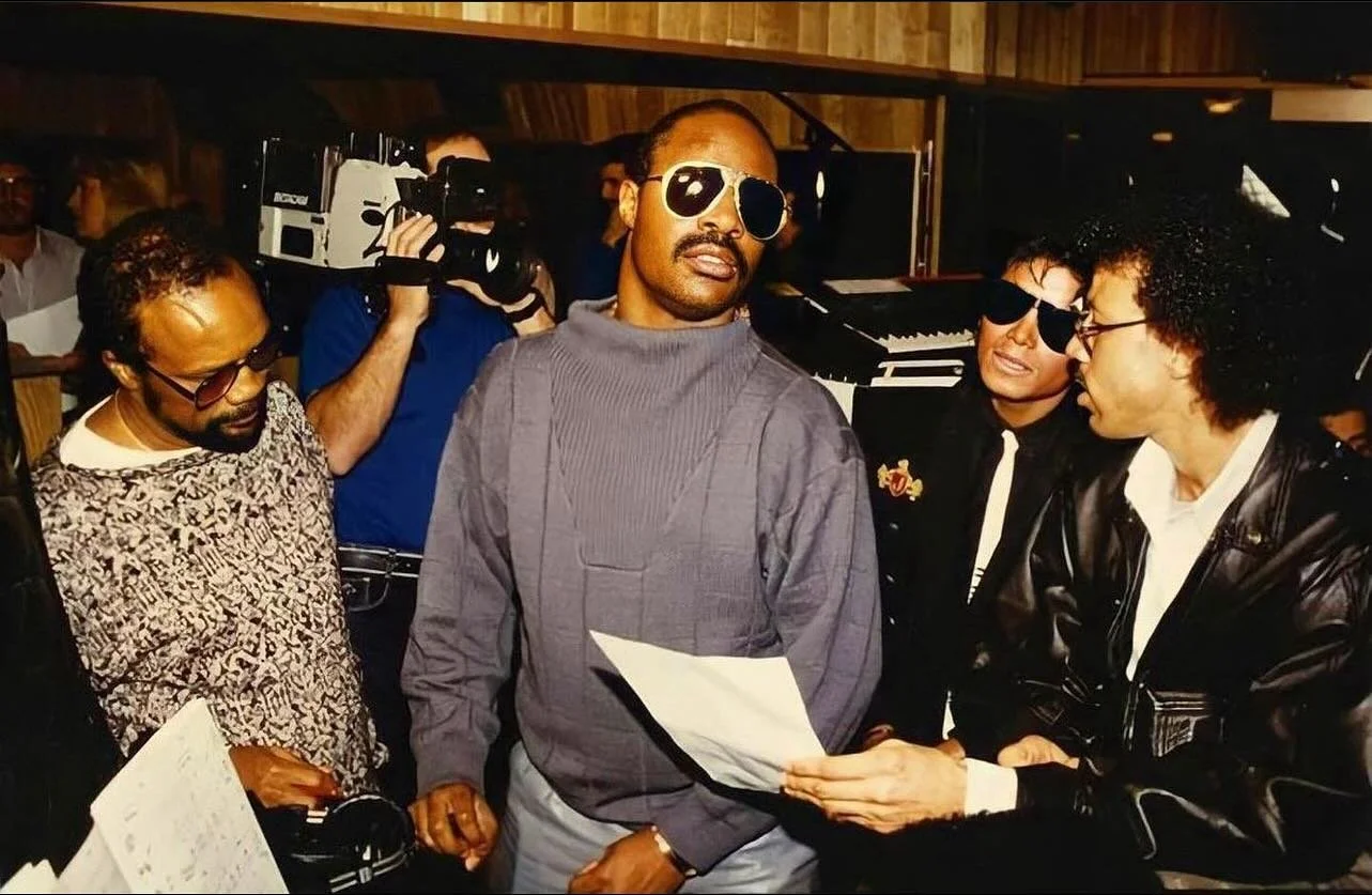 History continues.  Quincy Jones, Stevie Wonder, Michael Jackson, Lionel Richie.  Lion Share Studios 1985.