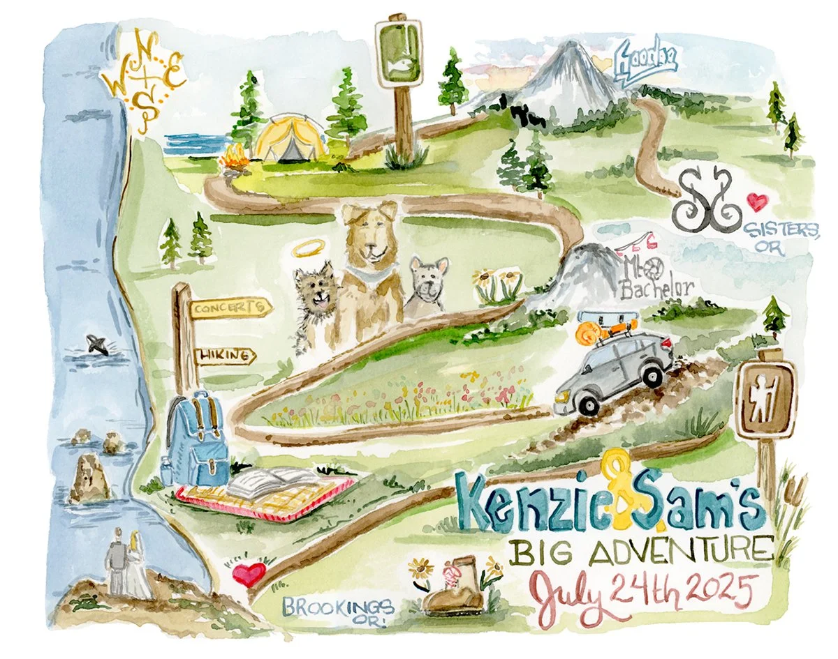 Colorful illustrated map titled "Kenzie & Sam's Big Adventure" dated July 24th, 2025, with landmarks like trees, mountains, a lake, and various activities including hiking and concerts. Features animals such as a lion, wolf, and dog, a tent, a campfi