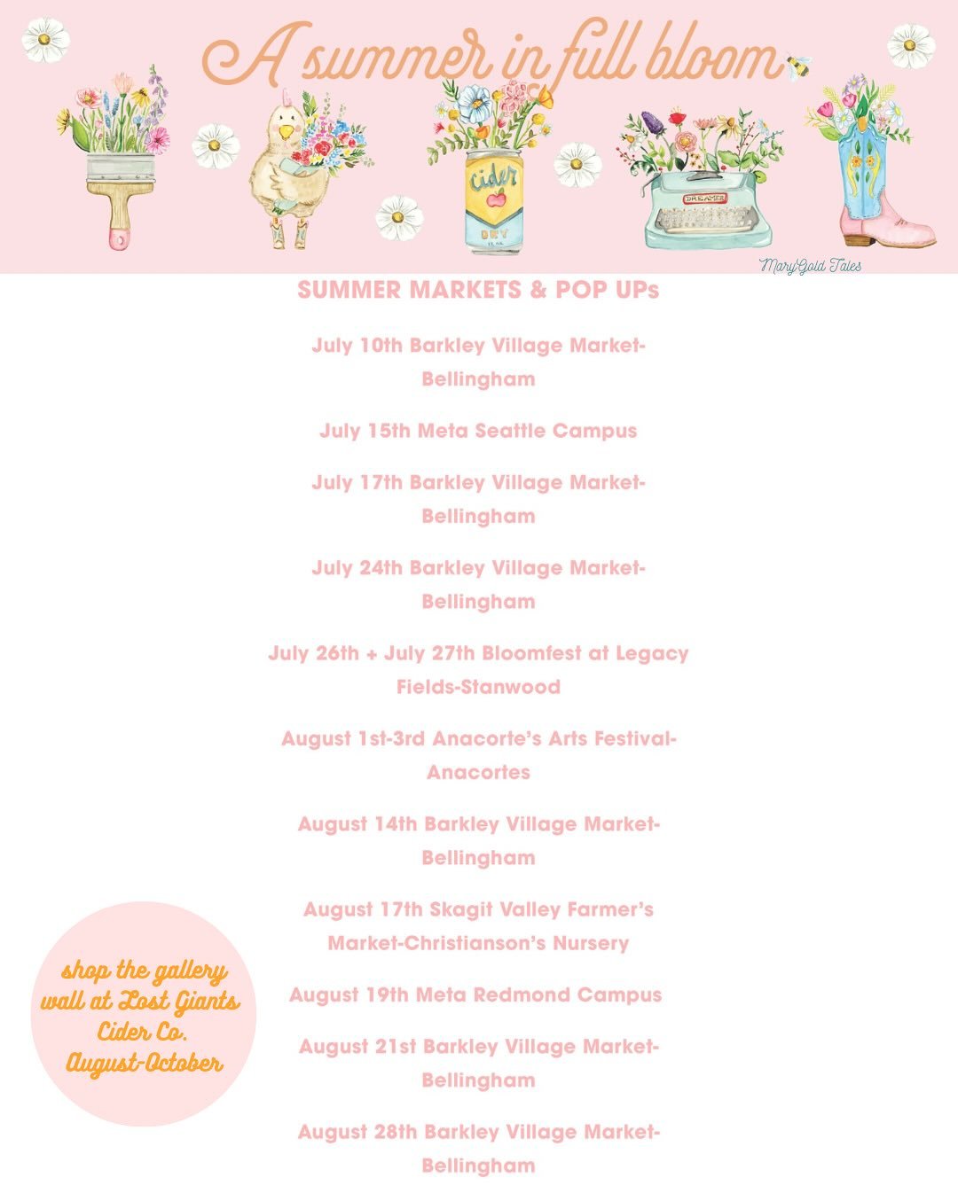 See you this summer ✨🌼💕

&bull; MaryGold Tales summer market line up &bull;

👀Look for the new booth sign that will be hanging from my tent 💌

*please excuse my grammar-I didn&rsquo;t have my glasses on 😆 definitely no AI creating my posts 😝

#