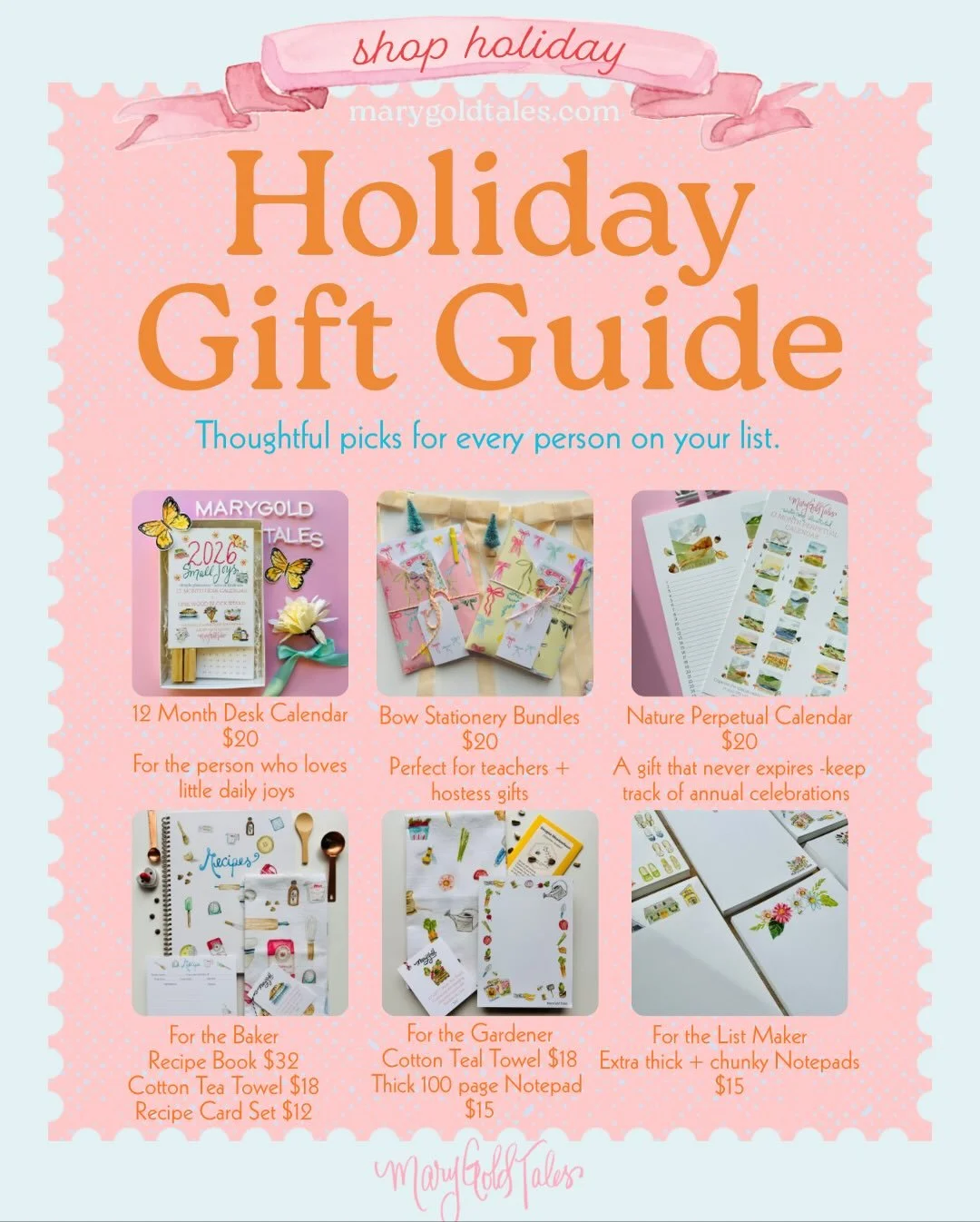 Holiday Gift Ideas 💛 Thank you for supporting my small business during the holidays + all year long ✨

Every MaryGold Tale is created from a hand-painted watercolor illustration and shares a story from my life (hence the name &lsquo;tales&rsquo; in 
