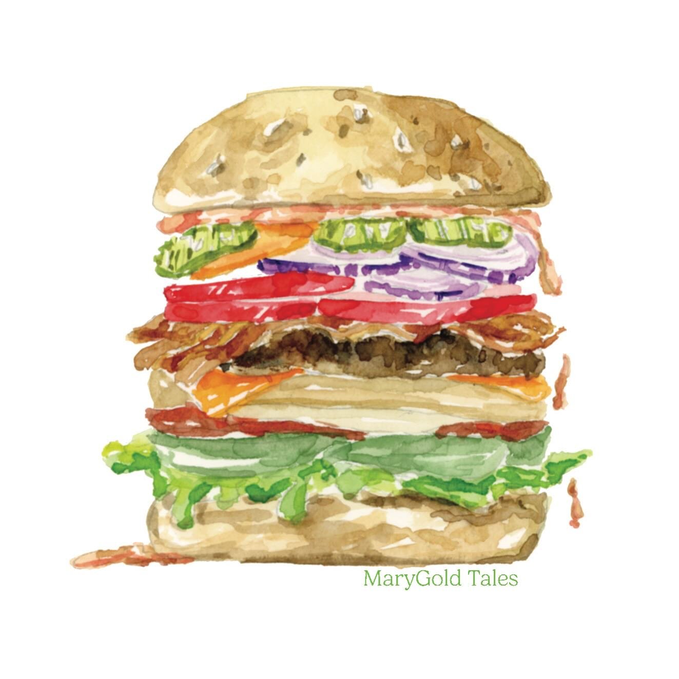 🤤 new year, new fun art 🍔 I painted this for a few greeting cards that I&rsquo;m making, but I think it would be fantastic wrapping paper and prints too?

What do you like in your burger?
I&rsquo;m an everything girl myself, load that patty up with