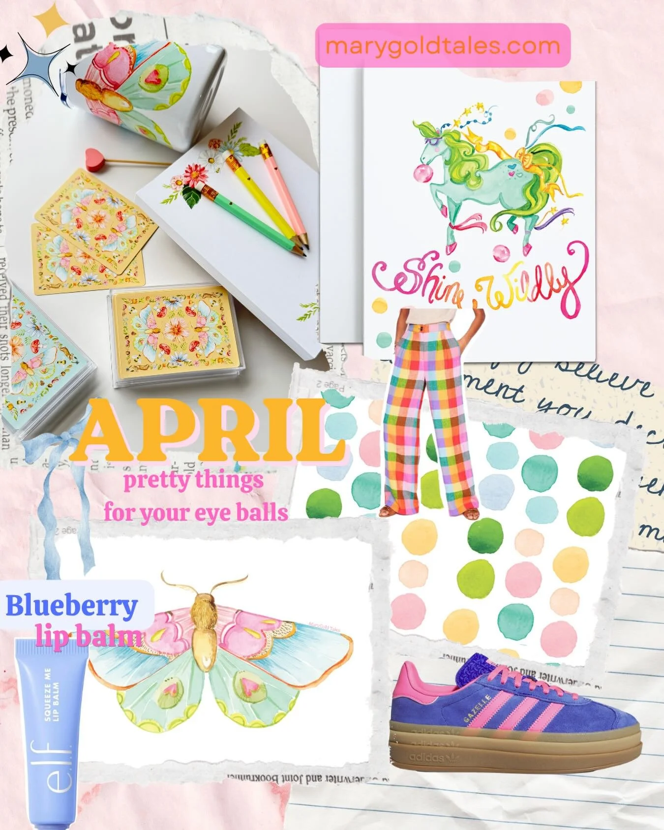 It&rsquo;s a dreary day in the PNW so I made you a little collage of cheerful eye candies 🍬 

💌 Stationery + illustrations by yours truly @marygold.tales 

👄 My new favorite lip balm in Blueberry by @elfcosmetics 

👟 Kicks I&rsquo;m in love with 