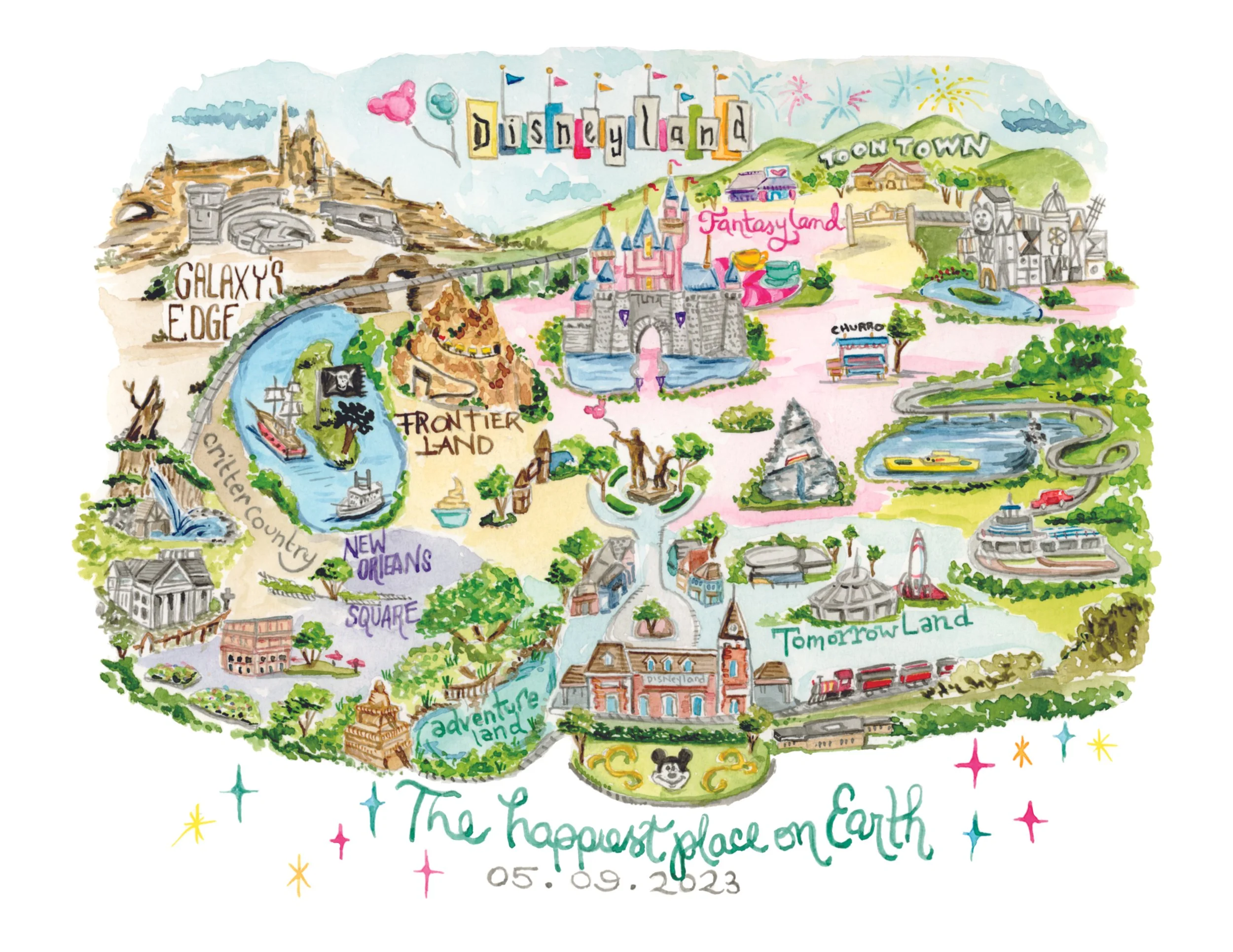 Colorful, hand-drawn map of Disneyland with themed areas labeled: Galaxy's Edge, Frontierland, Fantasyland, Tomorrowland, Adventureland, and New Orleans Square. The castle is prominently in the center, with various rides, buildings, and water feature