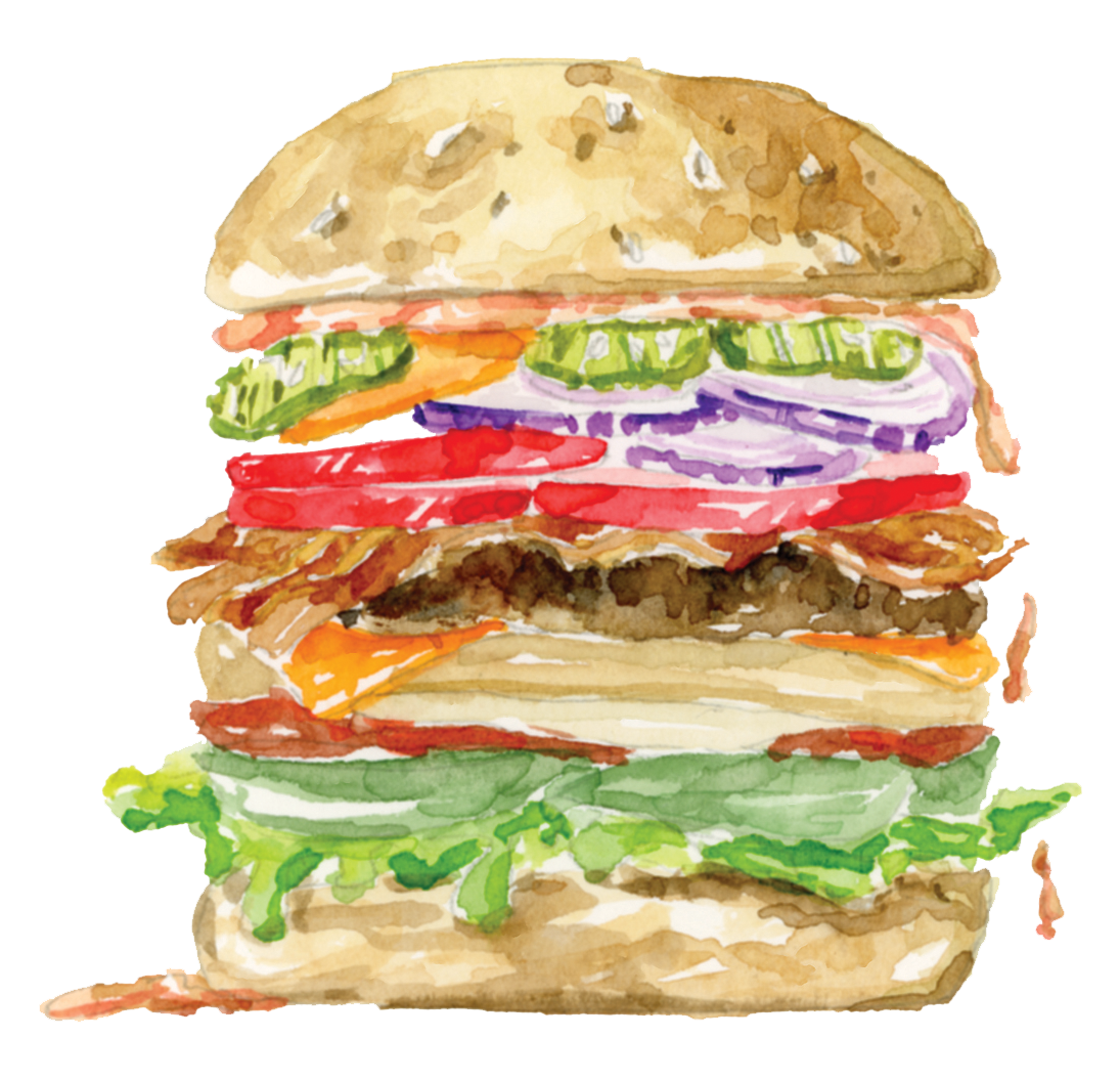 Watercolor illustration of a large, multi-layered hamburger with sesame seed bun, lettuce, tomato, onion, cheese, bacon, beef patty, and pickles.