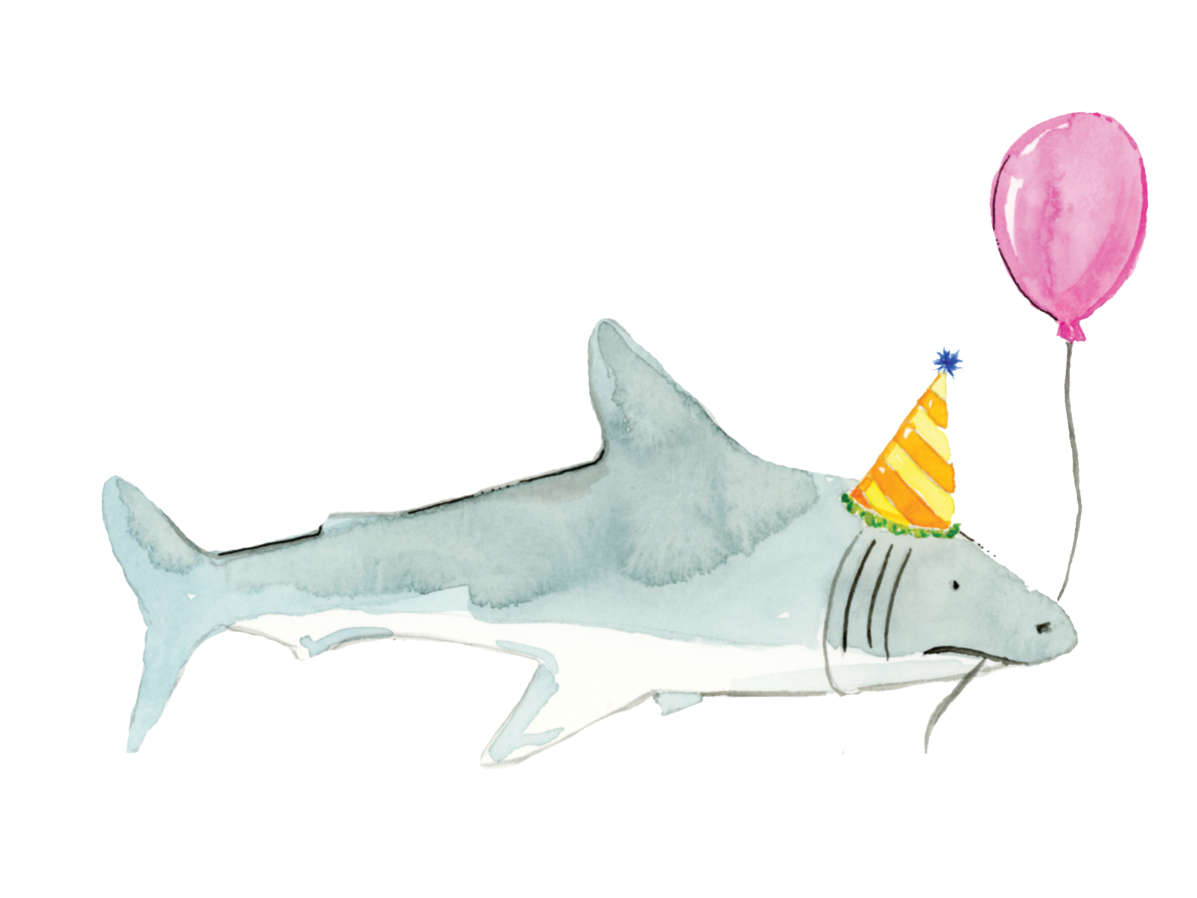 A watercolor illustration of a shark wearing a party hat with a pink balloon attached to its fin, holding a gift box with a yellow and orange striped design, and a fork on the side.