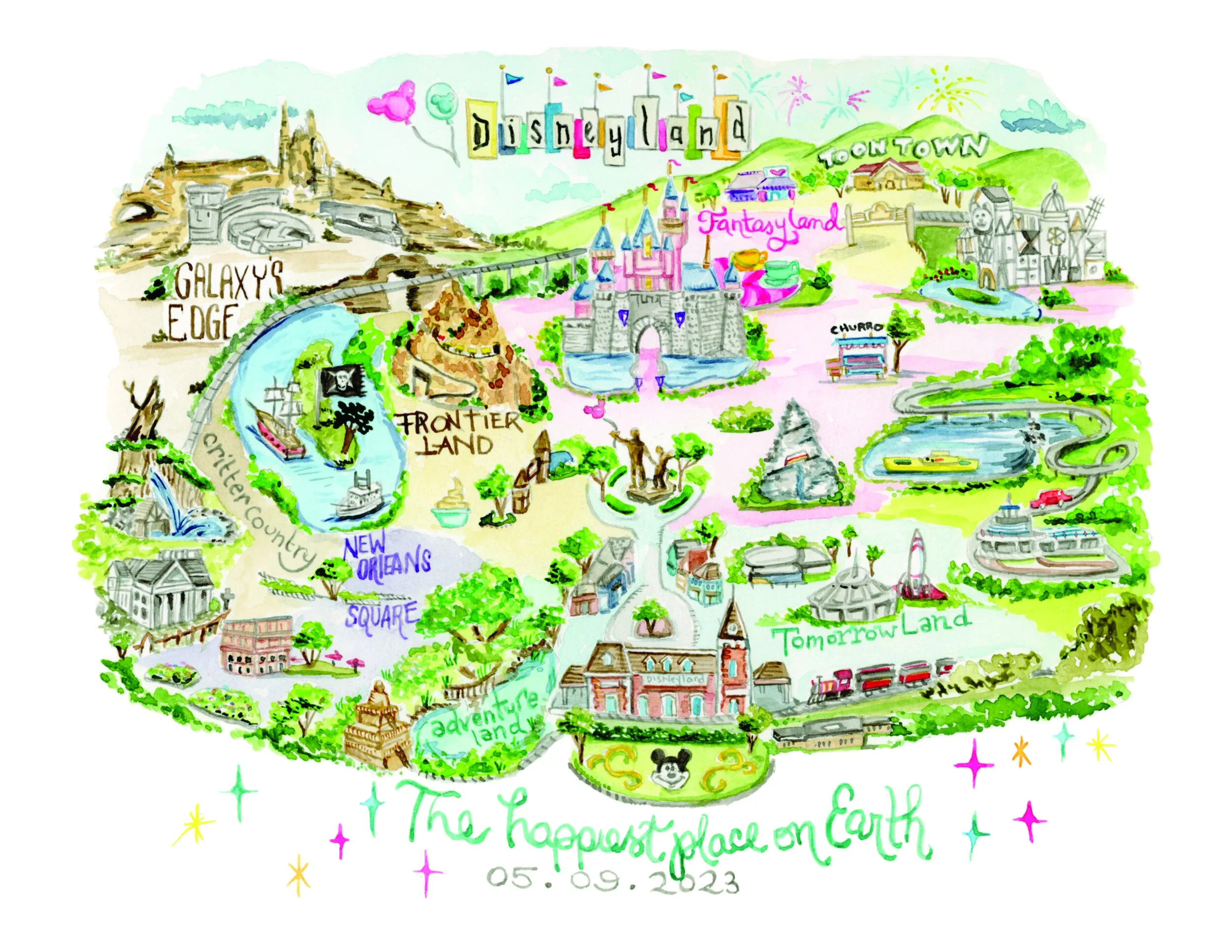 Colorful illustrated map of Disneyland, including Fantasyland, Tomorrowland, Adventureland, Frontierland, Galaxy's Edge, and New Orleans Square, with landmarks, rides, and attractions. Title reads 'The happiest place on Earth,' dated 05.09.2023.