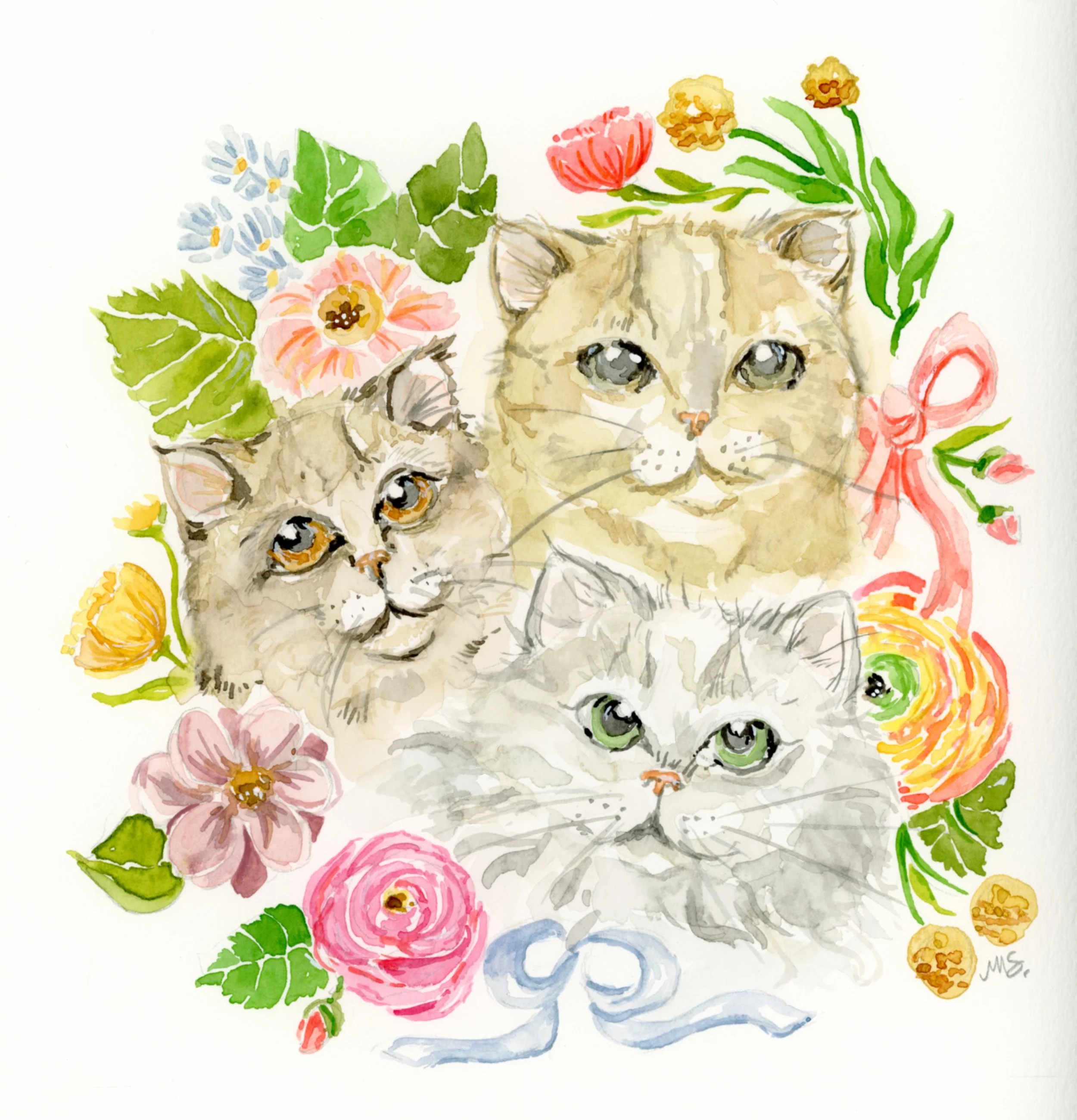 Watercolor painting of three cats surrounded by an arrangement of colorful flowers and green leaves, with a pink ribbon.