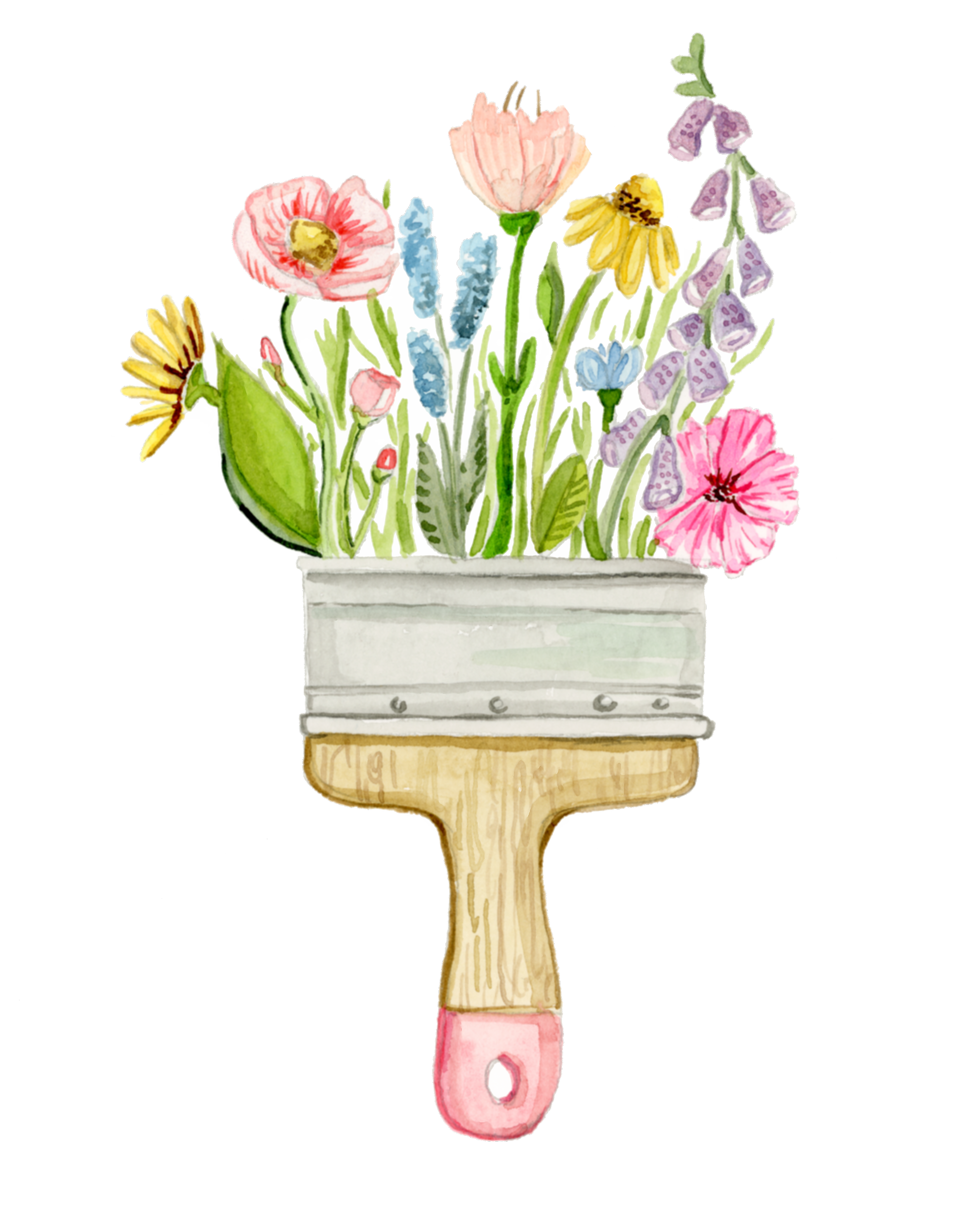 Watercolor painting of a flower arrangement in a white box with a pink handle, featuring pink, yellow, purple, and blue flowers and green leaves.
