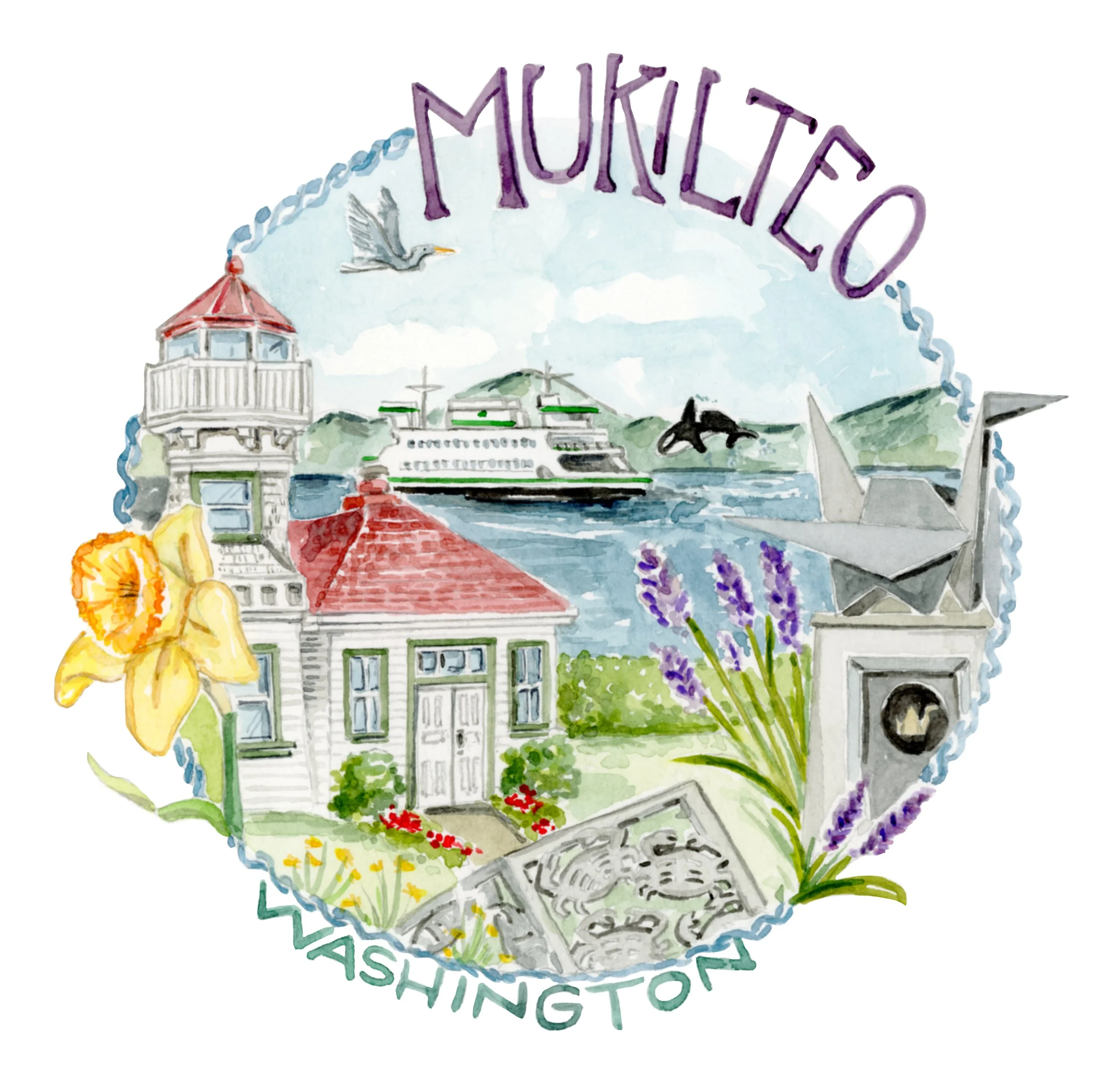 A watercolor logo for the Mukilteo tourism shop commissioned me to create this special illustrations to showcase everything that makes their town special! It will be used on notecards, keychains, tote bags and more! 