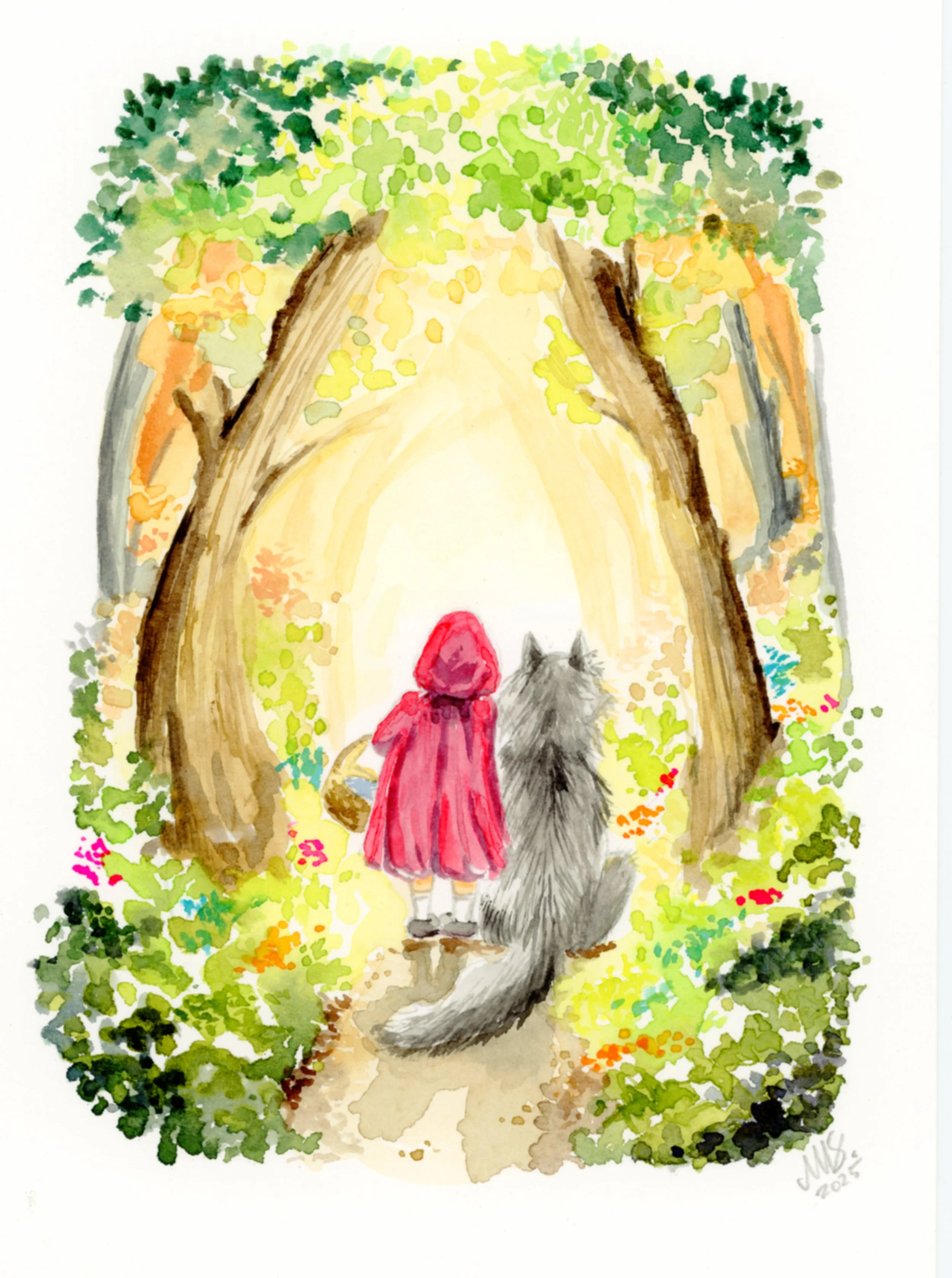 Watercolor painting of a young girl in a red hooded cloak walking with a wolf through a sunlit forest surrounded by green foliage.