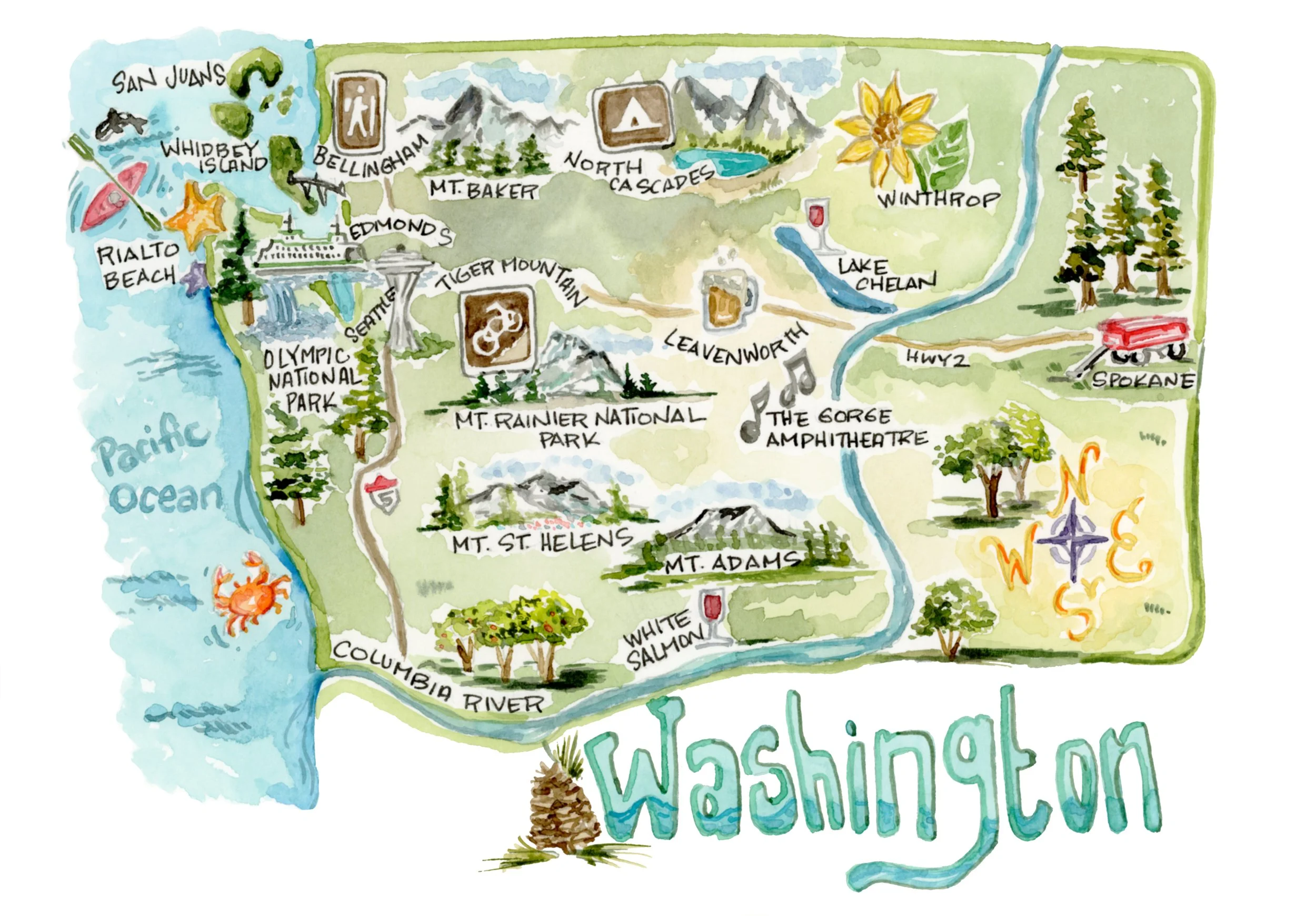 A illustrated map of Washington State highlighting popular sites like the Columbia River, Olympic National Park, Mount Rainier, Mount St. Helens, and Seattle.