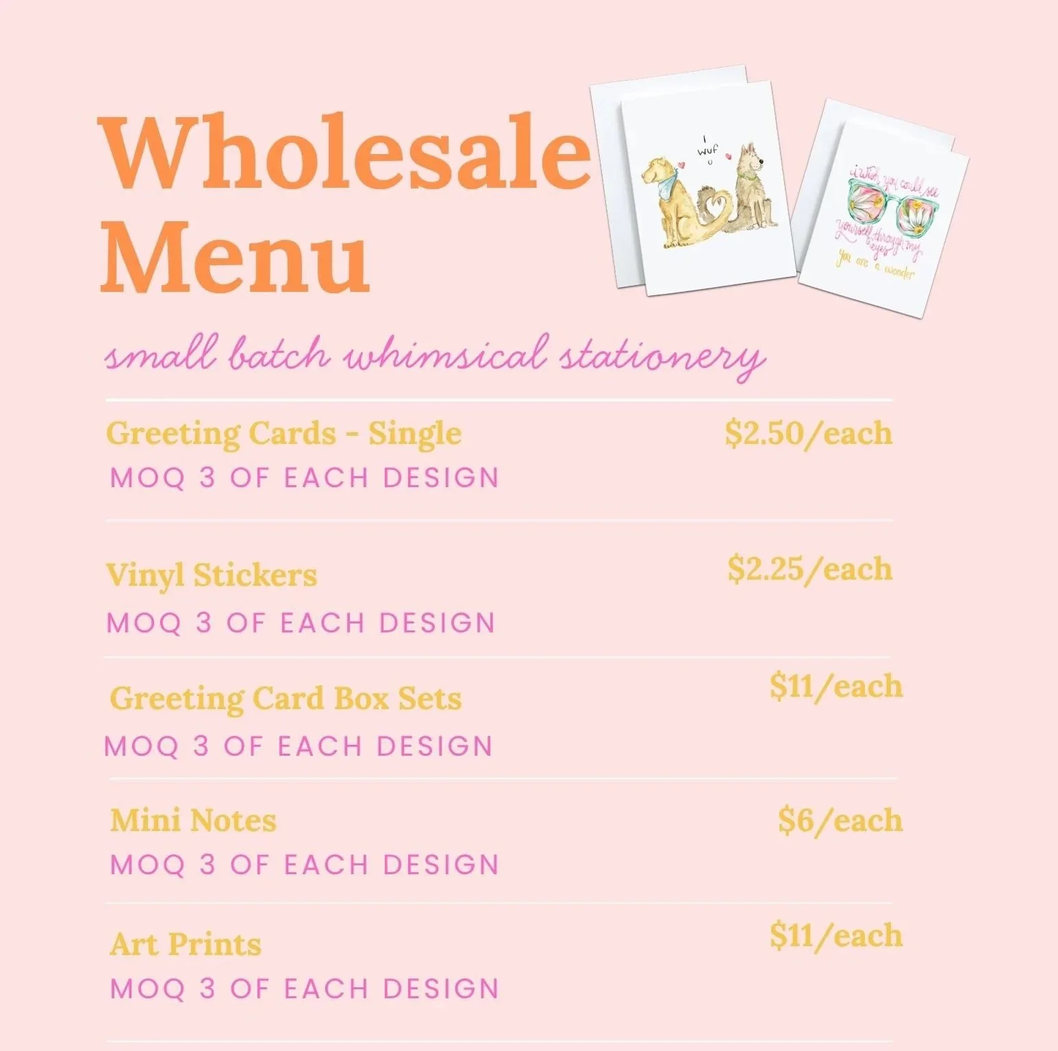 A shop menu on a pink background displaying small batch whimsical stationery items, including greeting cards, vinyl stickers, greeting card box sets, mini notes, and art prints, with prices and design quantity details.