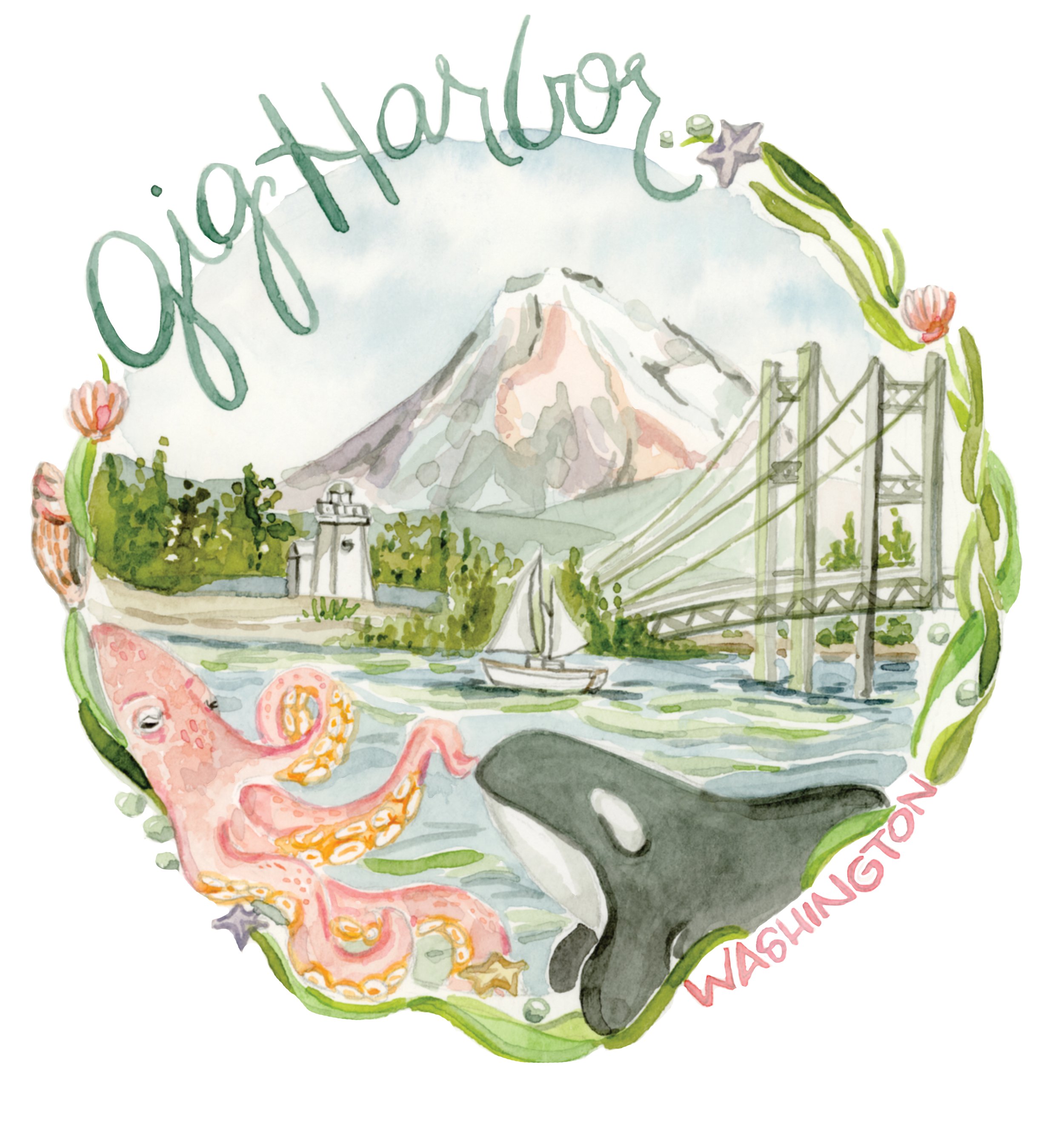 Waterscape featuring Mount Rainier in Washington, with a bridge, sailboat, lighthouse, octopus, and a whale fin, decorated with flowers and the words 'Pacific Northwest'.