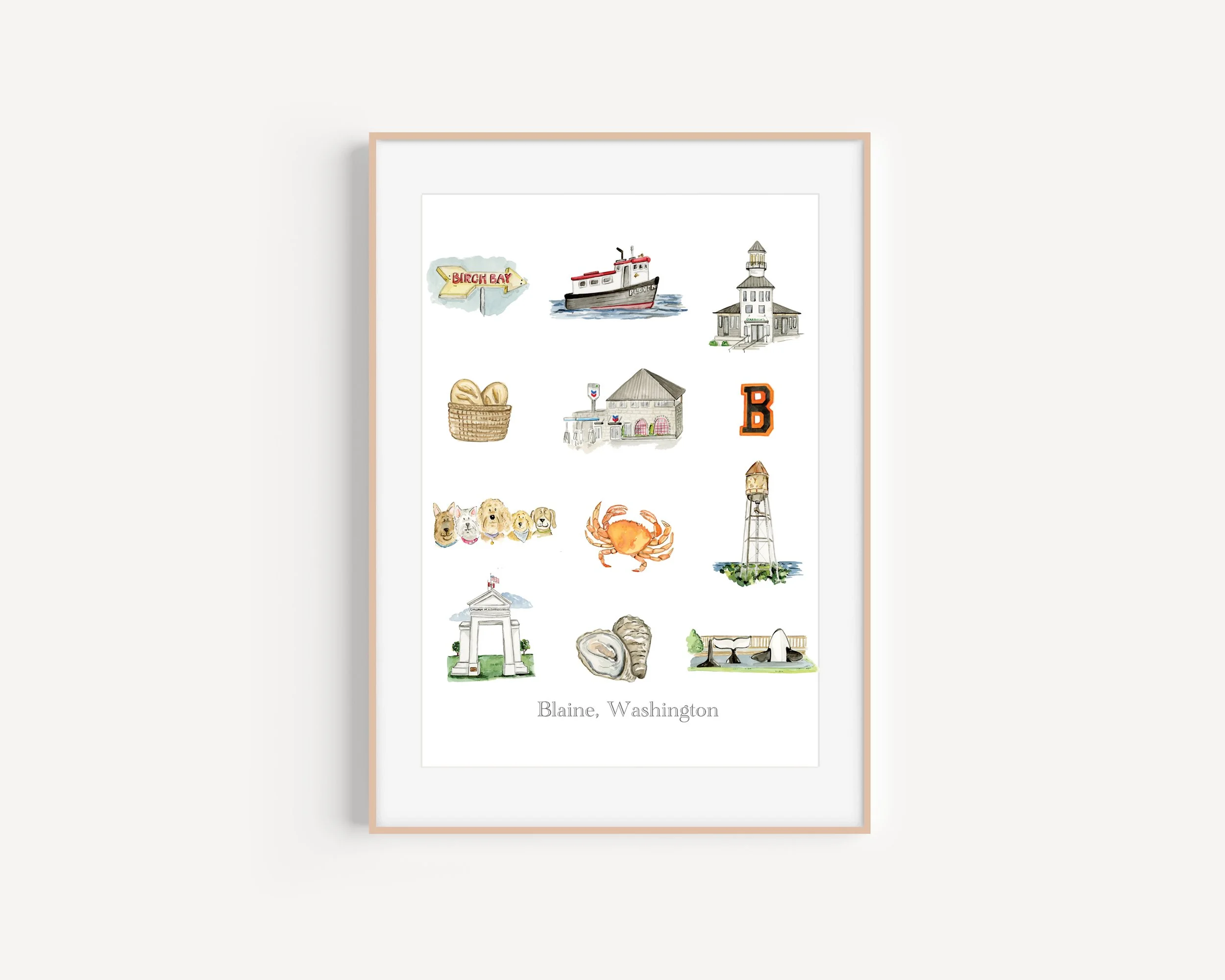 Watercolor illustrations of landmarks and symbols from Blaine, Washington, including a directional sign, boat, lighthouse, basket of bread, building, letter B, dogs, crab, water tower, archway, oyster, and fountain, with the caption "Blaine, Washingt