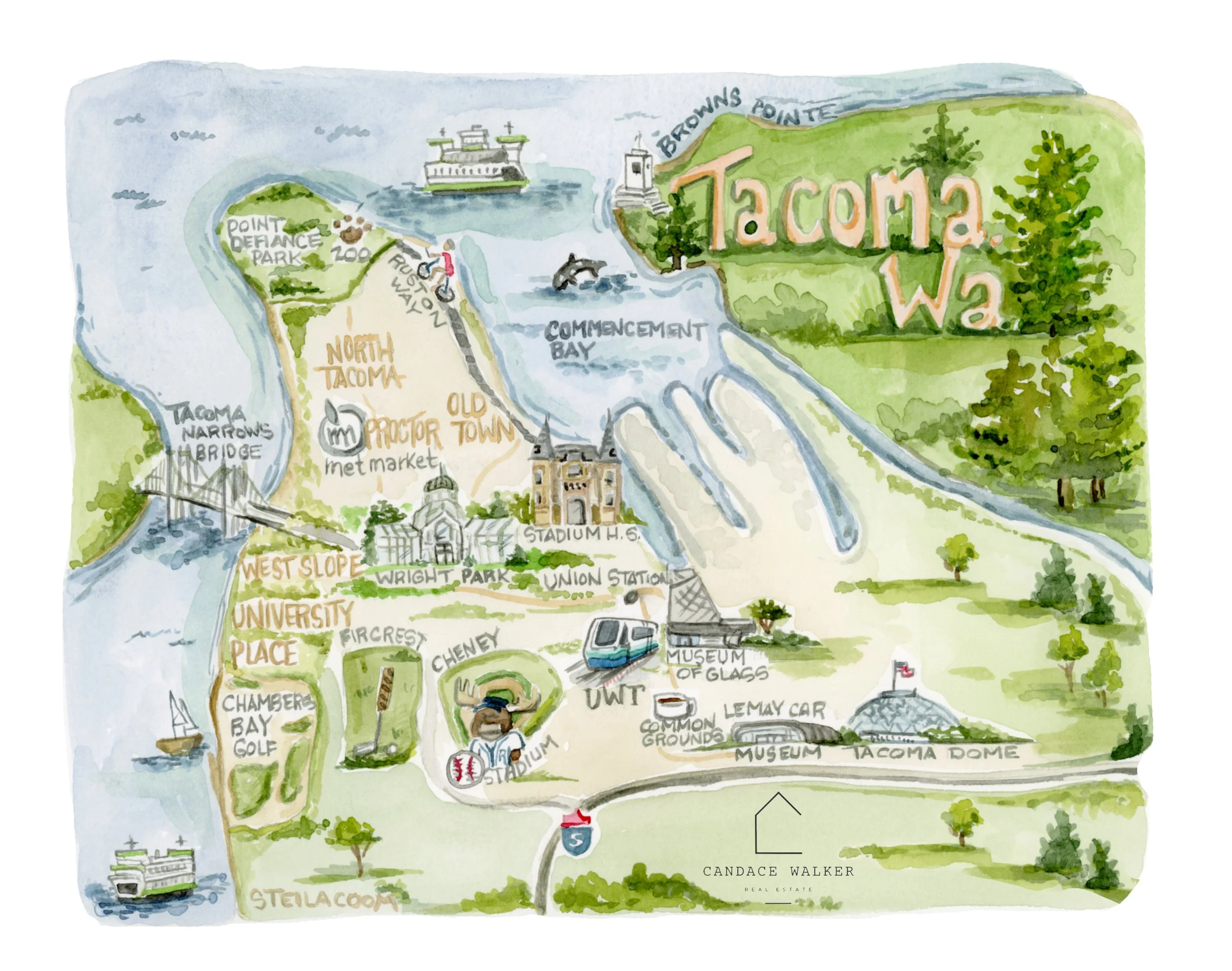 A colorful illustrated map of Tacoma, Washington, featuring landmarks like Point Defiance Park, the Tacoma Dome, University Place, West Slope, Old Town, and the waterfront with ferries and boats. It includes depictions of parks, museums, bridges, a s