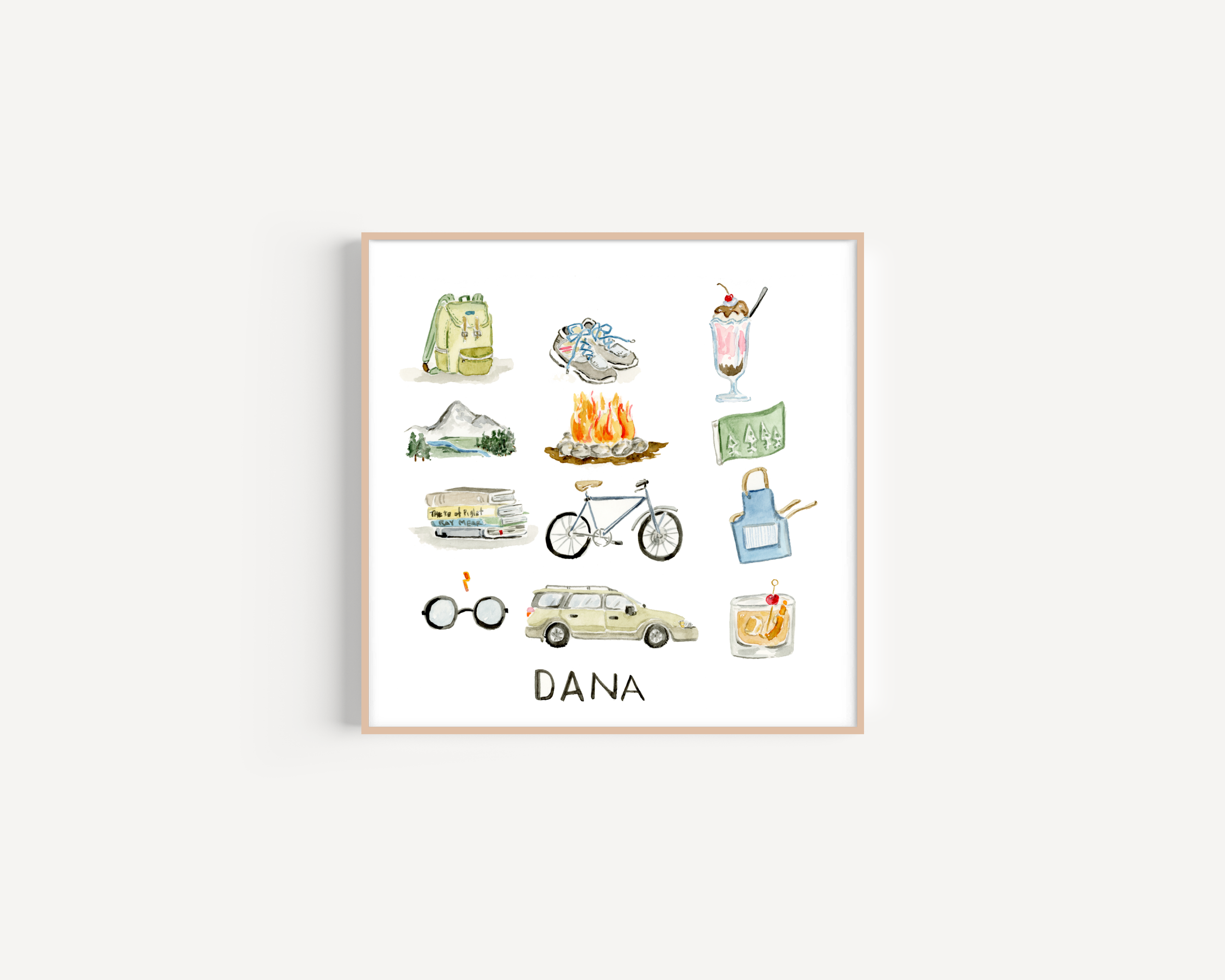 Collection of colorful watercolor illustrations including a backpack, sneakers, milkshake, mountain landscape, campfire, shirt, books, bicycle, purse, glasses, car, candle, and the name "DANA" written at the bottom.