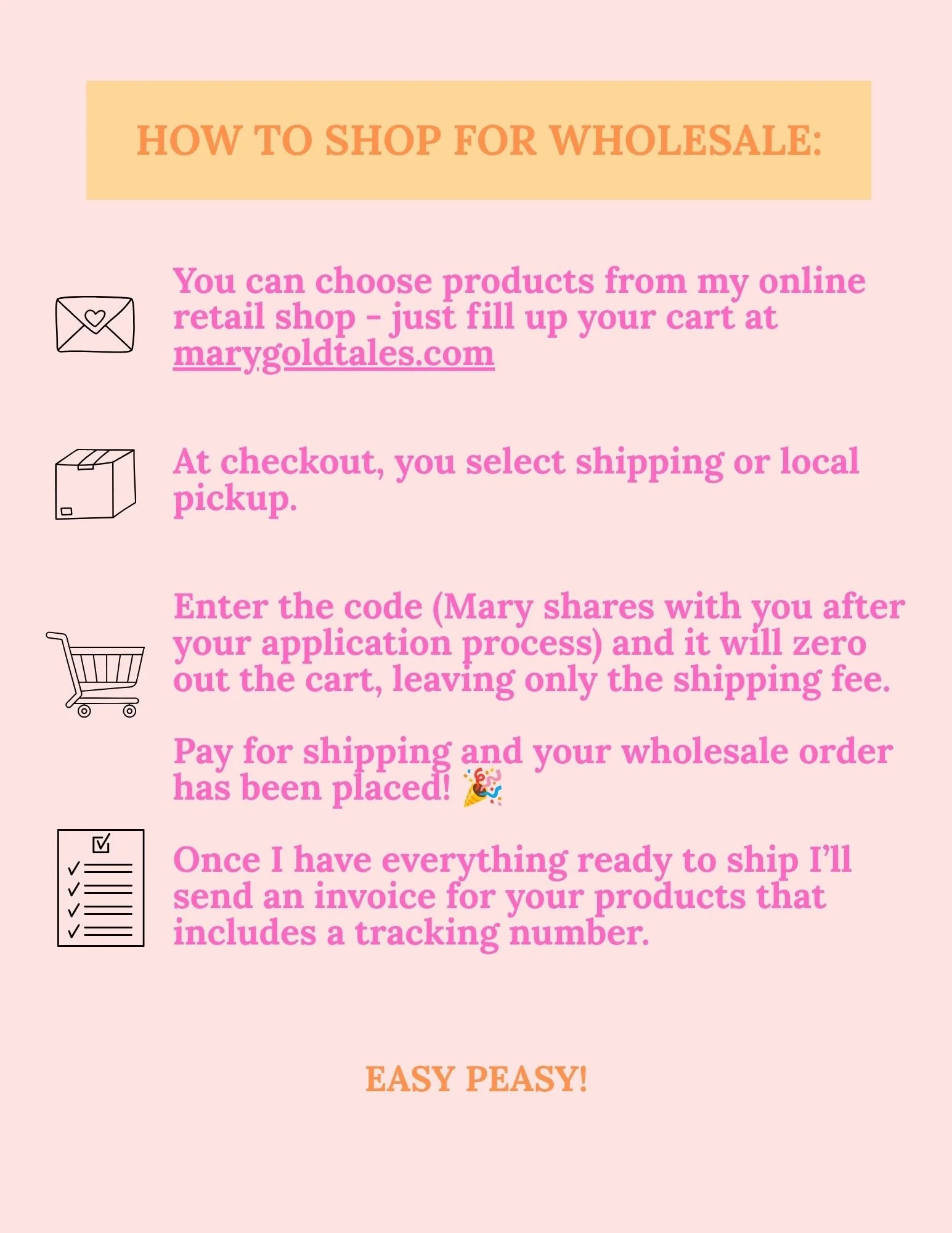 Guide on how to shop wholesale online, including filling your cart at marygoldtales.com, choosing shipping or local pickup, entering a code after order, paying for shipping, and receiving an invoice with a tracking number.