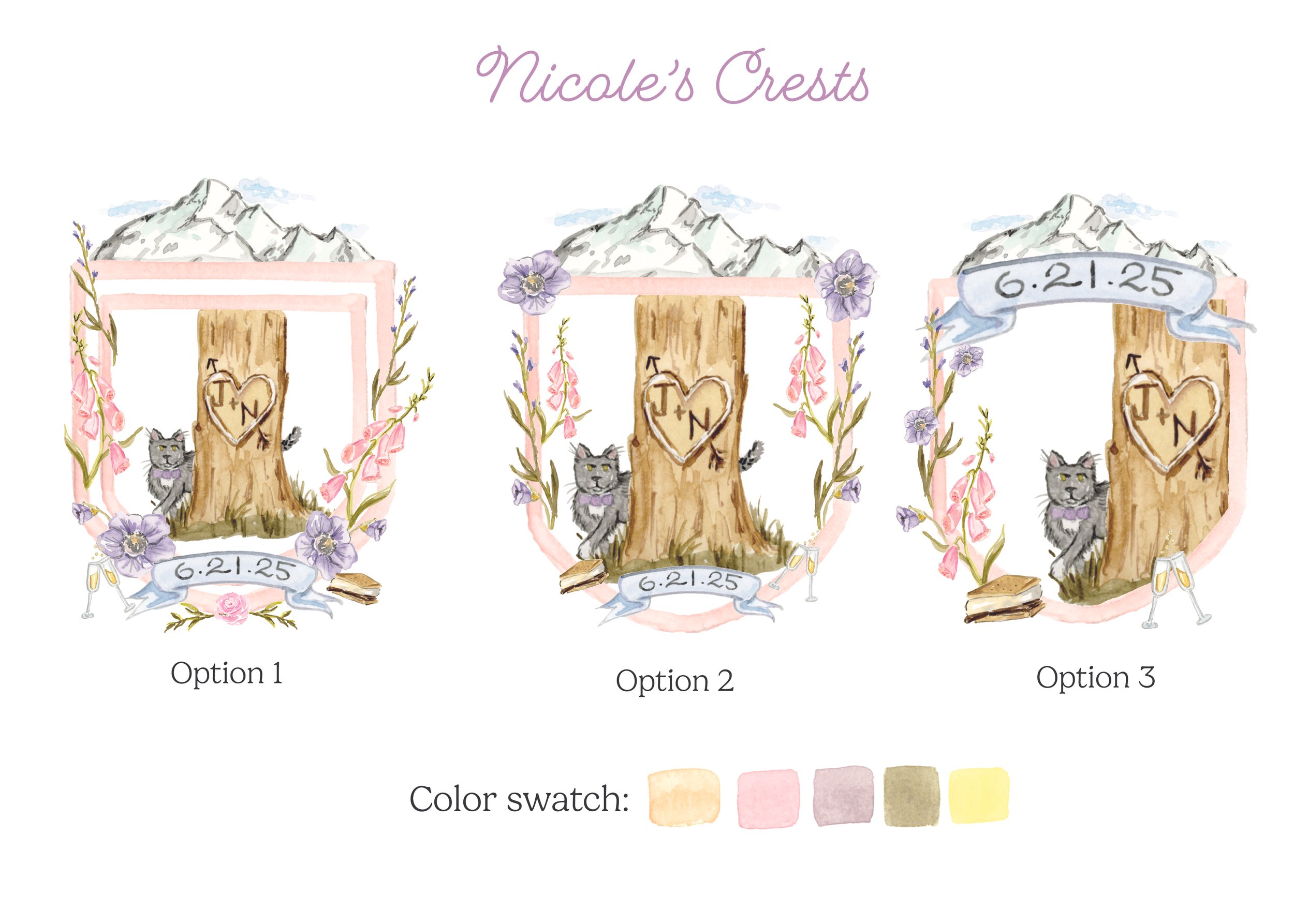 Three watercolor-style wedding diagram options featuring a mountain background, a large tree with a heart carved in the trunk, surrounded by pink and purple flowers, a book, and champagne glasses. A banner with the date 6.21.25 is present in options