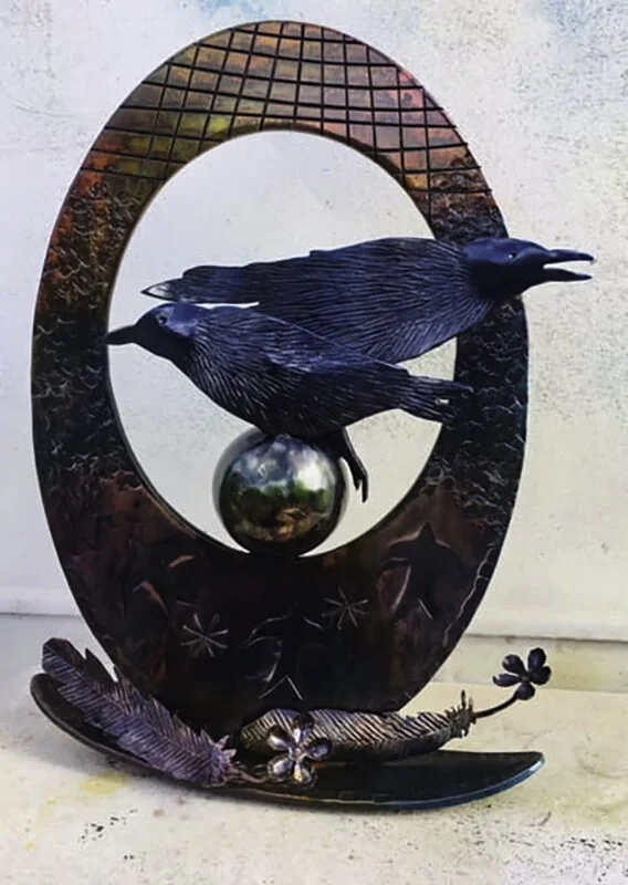 Two Ravens with feathers and flowers