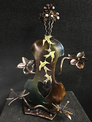 Violin with birds, flowers and dragonflies