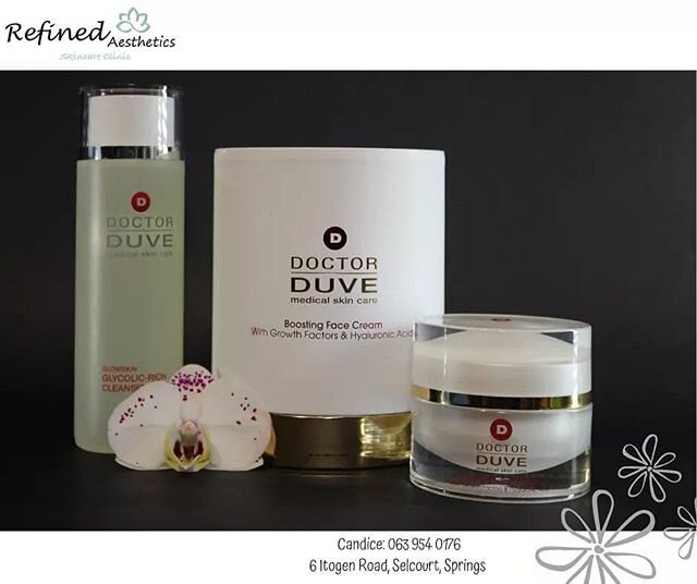 Refined Aesthetics is a proud stockist of Doctor Duve products.&nbsp;🌱

Cleanser &amp; Moisturiser for only R650! *Dr Duve Glycolic enzymatic Face wash :
*Boosting Face Cream with Growth Factors and Hyaluronic acid

Perfect for all skin types.👌
Inv
