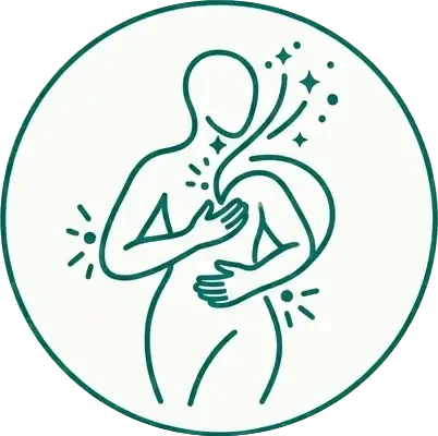 An outline of a person holding a heart close to their chest, with sparkles and stars emanating from the heart, symbolizing love or celebration.