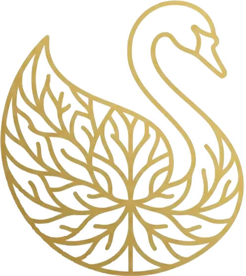 A stylized, gold outline of a swan with intricate leaf-like patterns on its body.