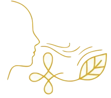 A stylized line drawing of a woman's profile with flowing hair, a leaf, and decorative lines.