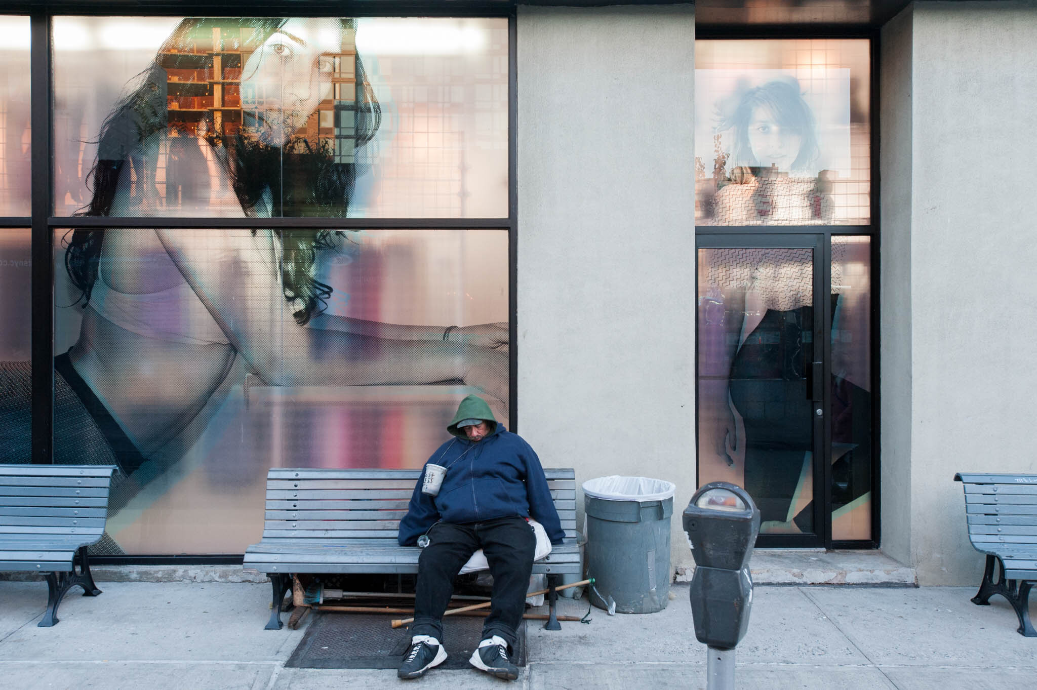    ‘Paris/NYC’ Book ‘Edition Lammerhuber’    Homeless man in front of ‘American Apparel’ store 