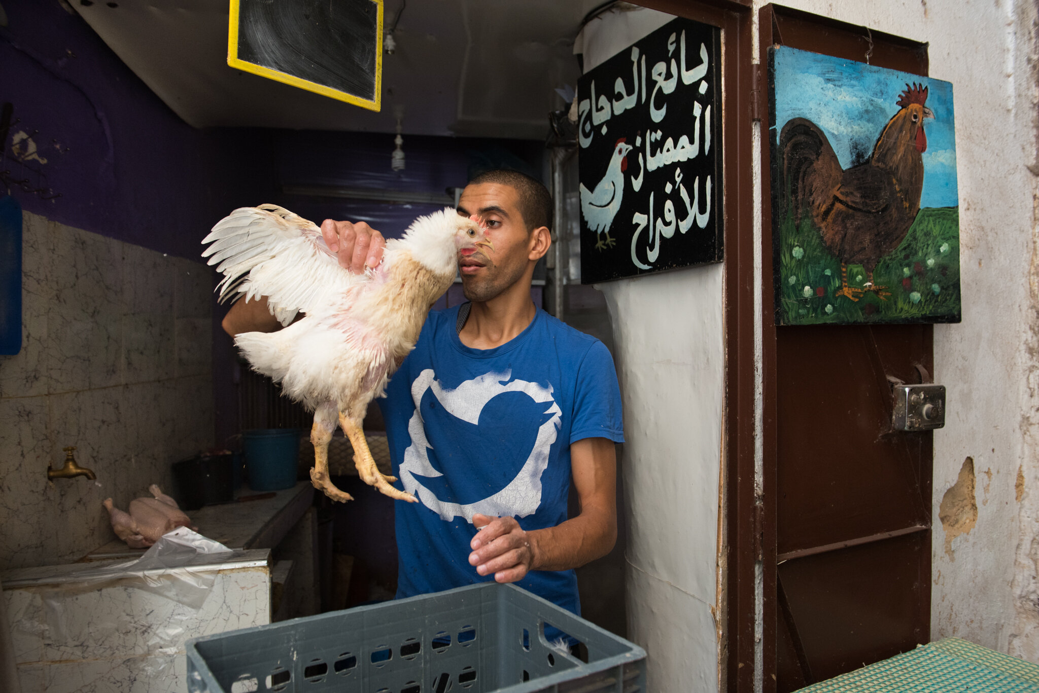    Morocco - Fes     Man selling chickens. Wearing twitter shirt. 