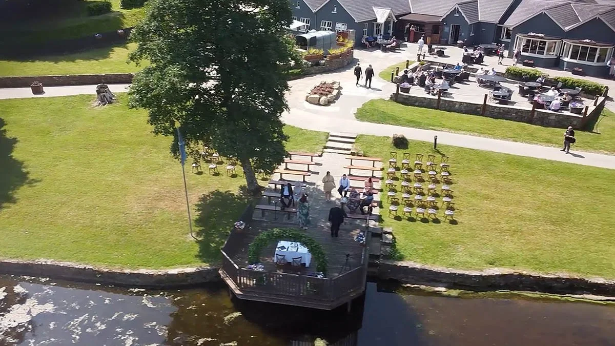 Looking down on the ceremony seating outside at the pier.